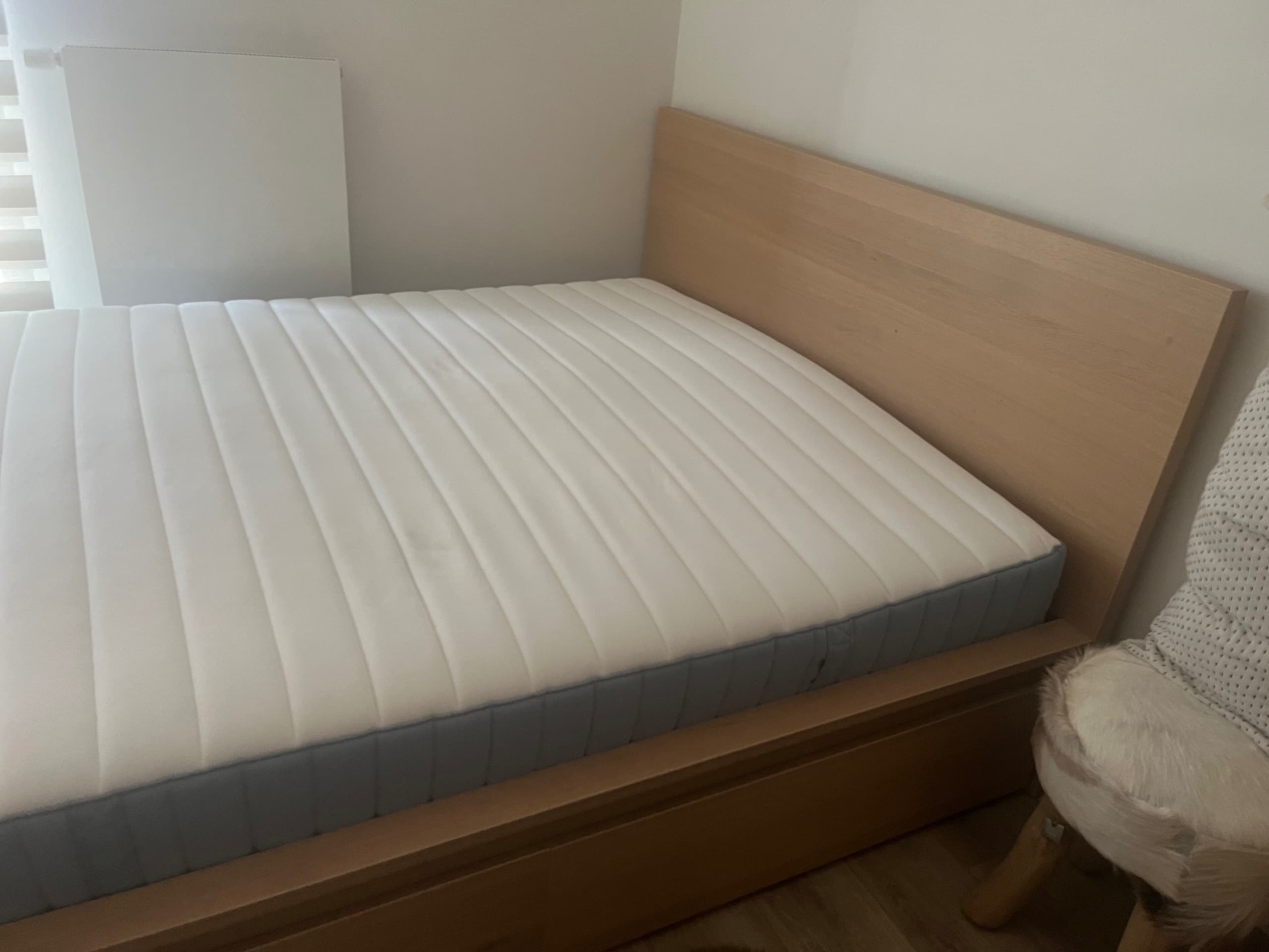 MALM bed frame, high, w 2 storage boxes, white stained oak veneer/Lönset, 160x200 cm