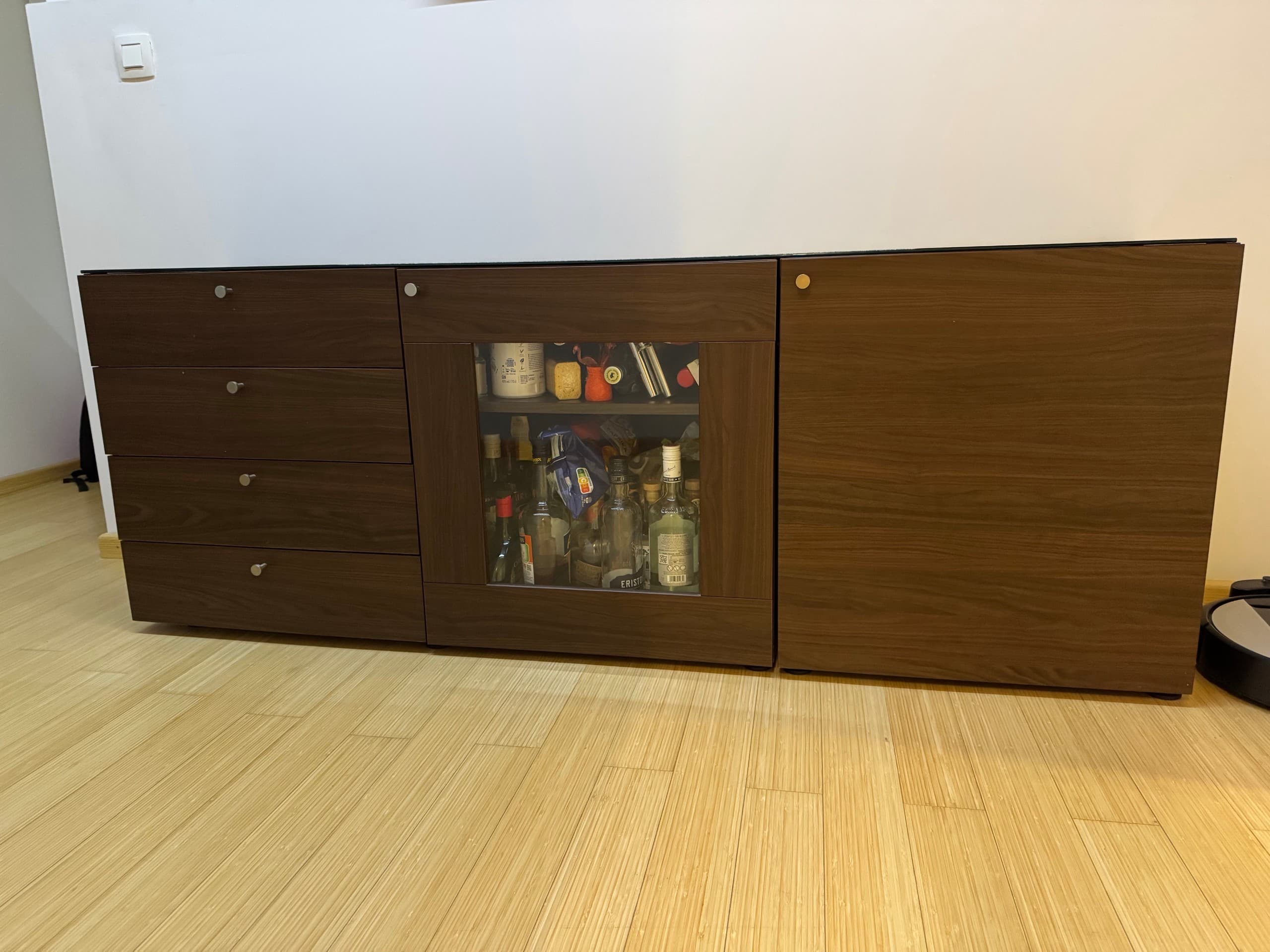 BESTÅ wall-mounted cabinet combination, black-brown Lappviken/brown walnut effect, 180x42x65 cm