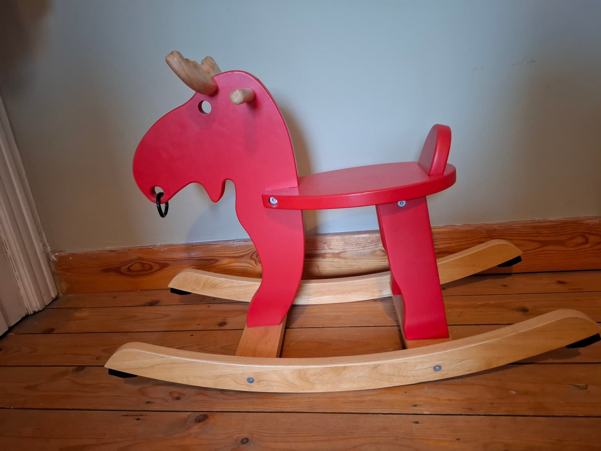 EKORRE rocking-moose, red/rubberwood