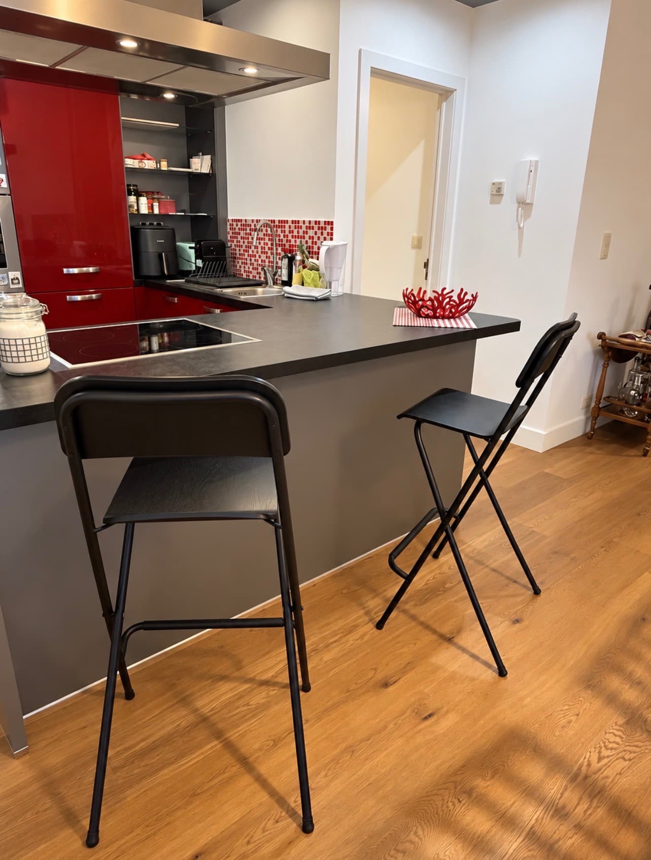 FRANKLIN X2 bar stool with backrest, foldable, counter height black/black, 63 cm