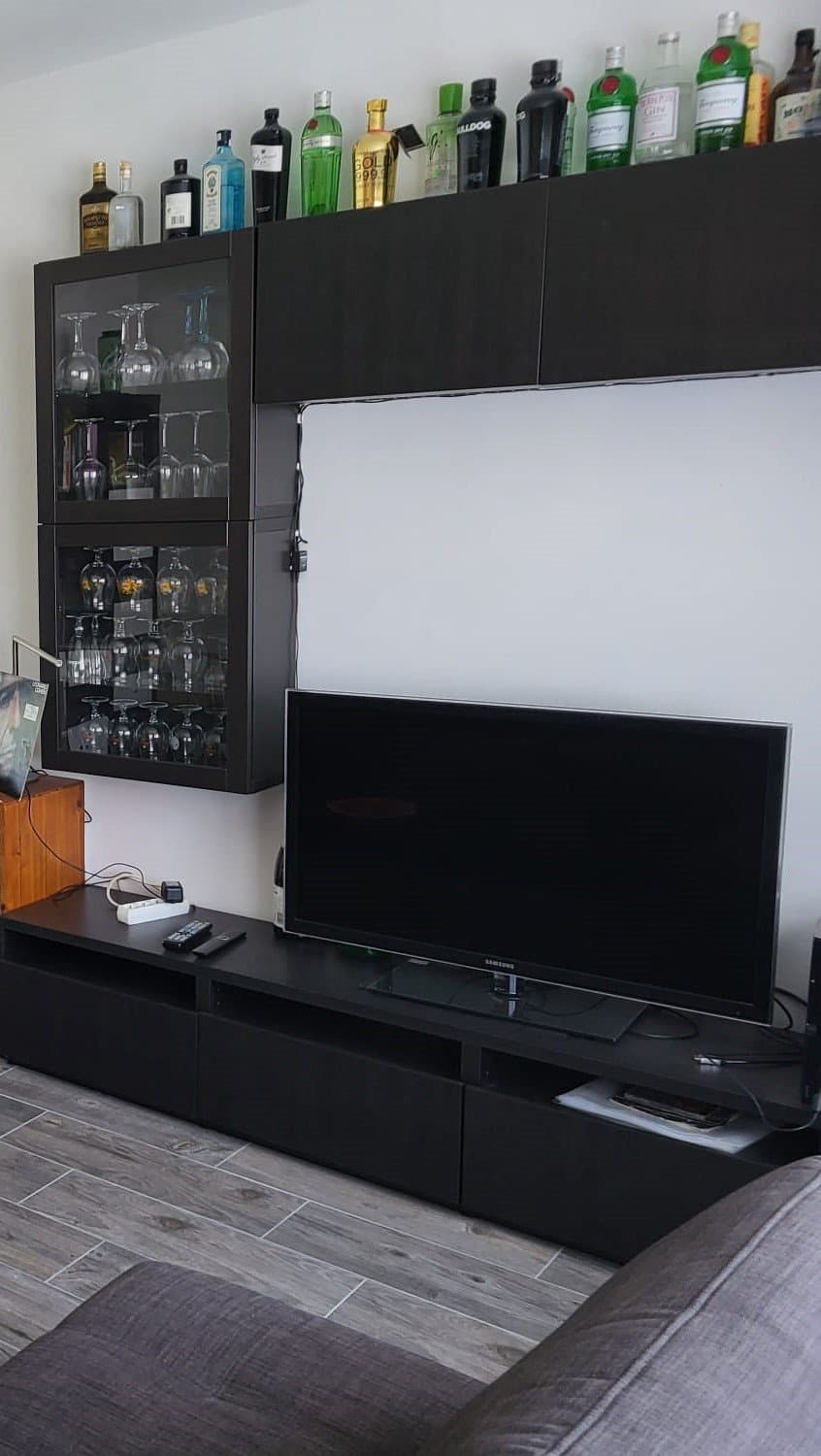 BESTÅ rangement TV/vitrines, brun noir/Lappviken brun noir verre transparent, 300x42x211 cm