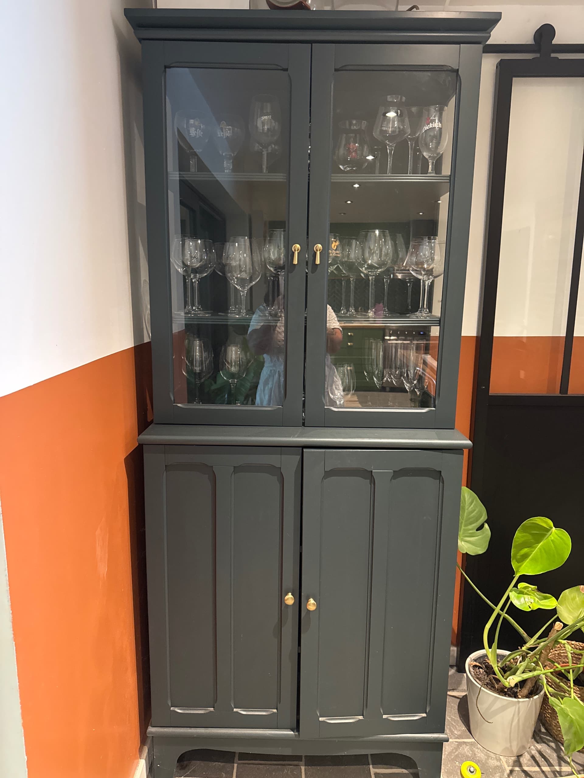 LOMMARP kast met vitrinedeuren, donker blauwgroen, 86x199 cm