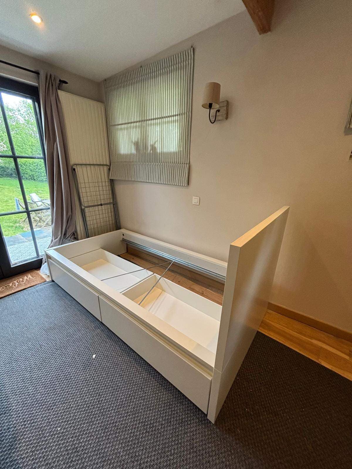 MALM bed frame, high, w 2 storage boxes, white/Lönset, 90x200 cm