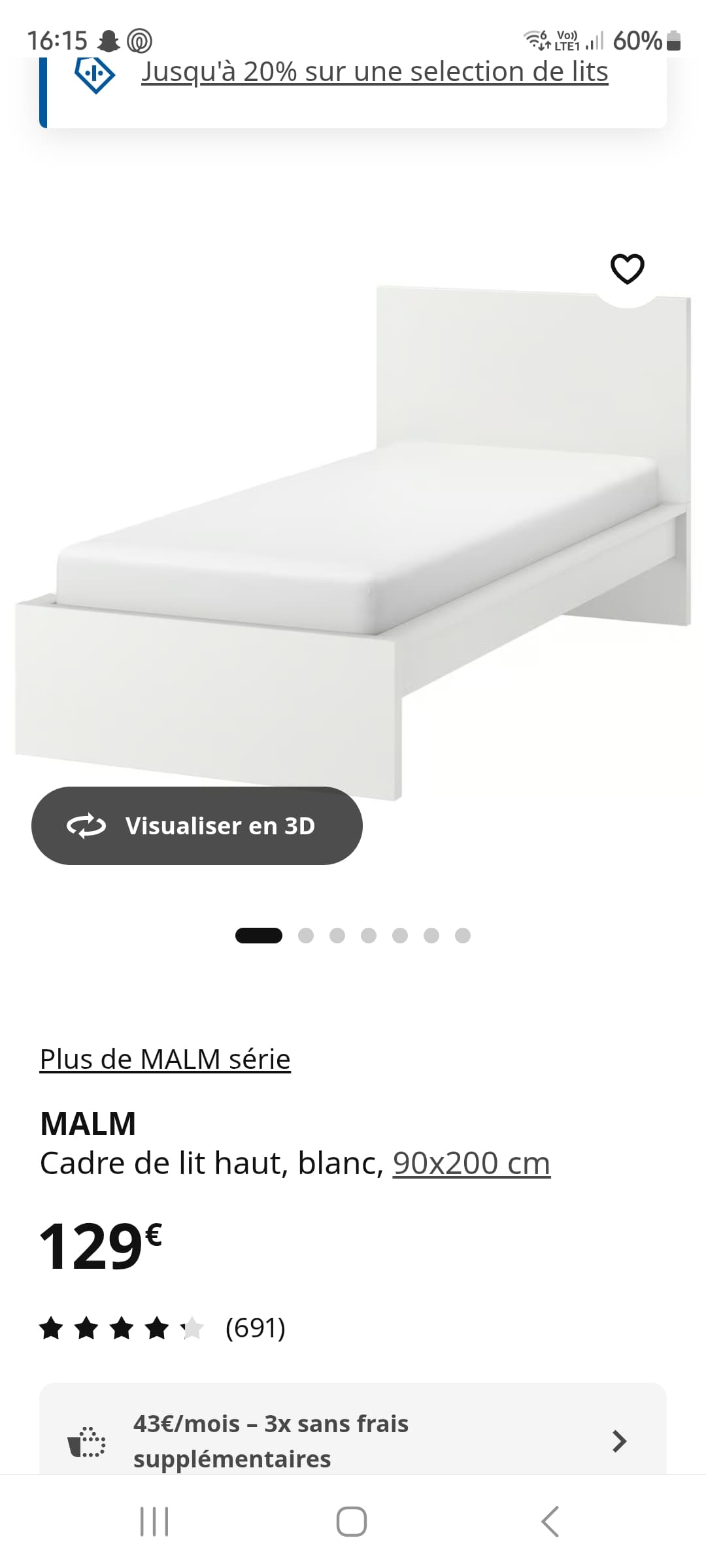 MALM bed frame, high, white, 90x200 cm