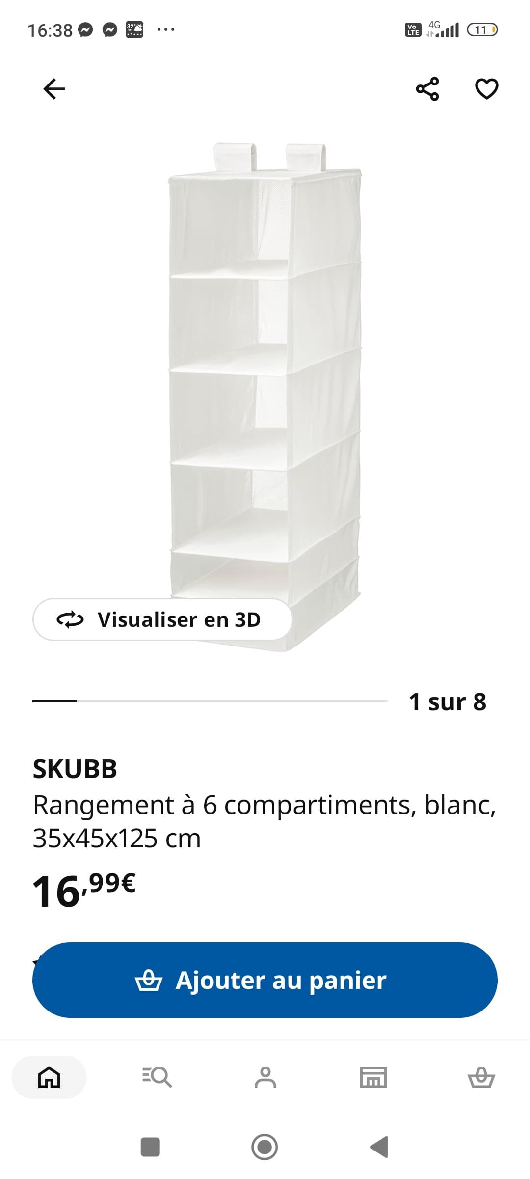 SKUBB opberger met 6 vakken, wit, 35x45x125 cm