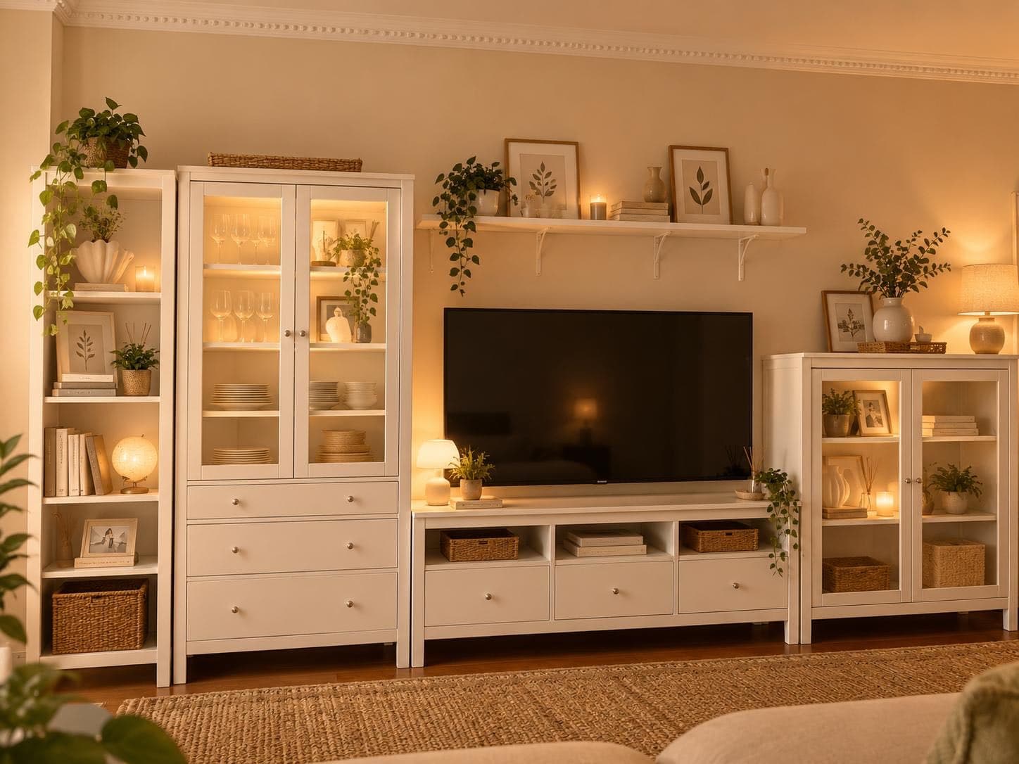 HEMNES vitrina+3 calaixos, tint blanc