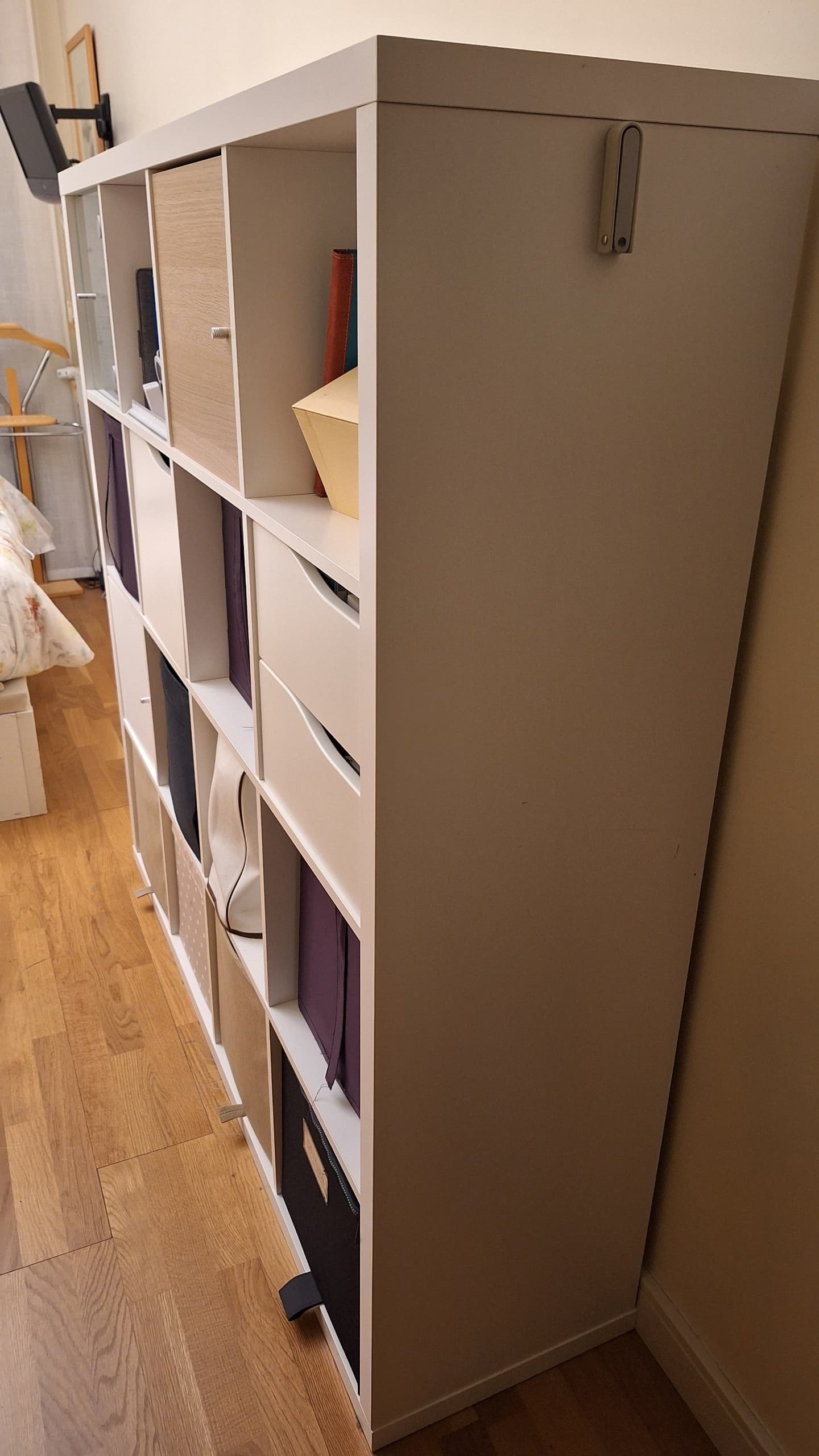 KALLAX shelving unit with 4 inserts, white/glass, 147x147 cm