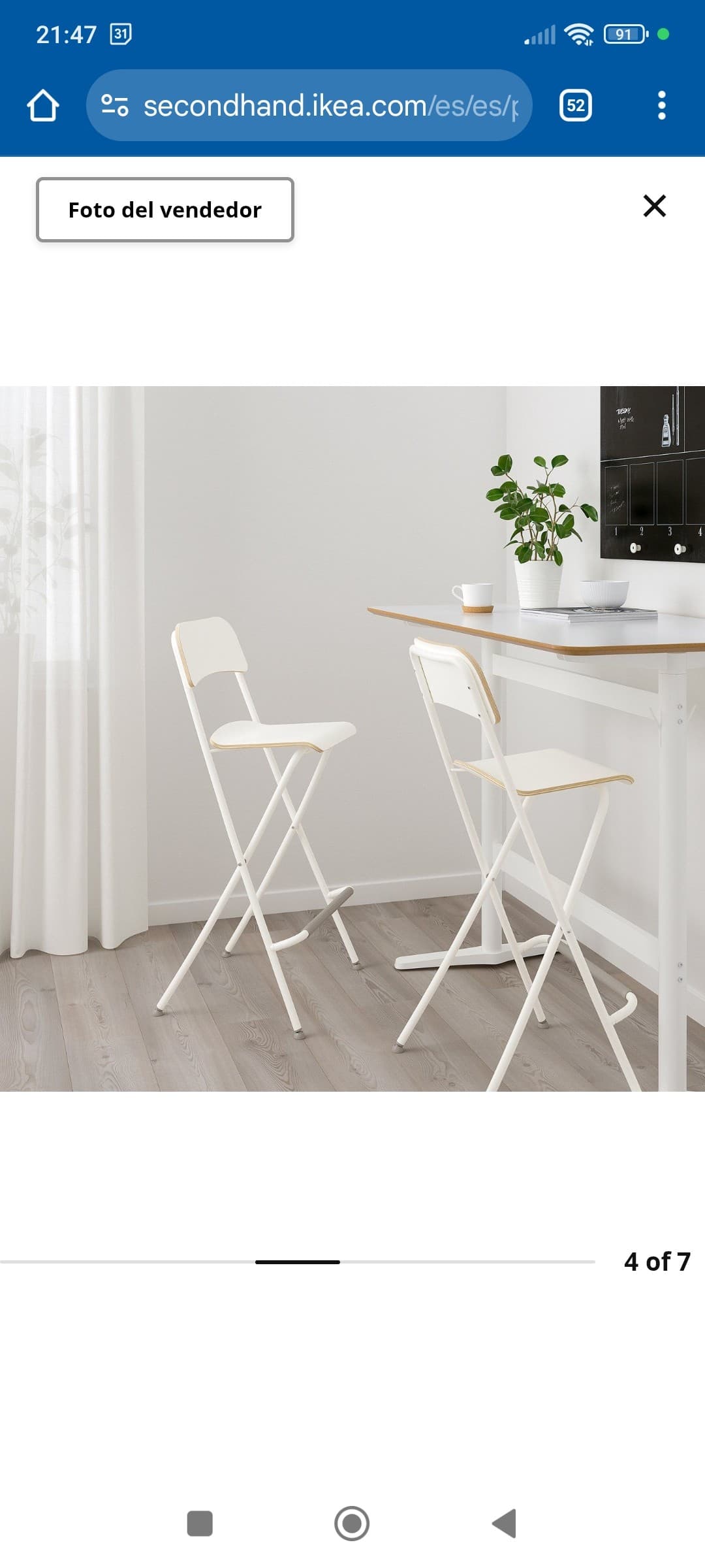 FRANKLIN Taburete alto plegable, blanco, blanco, 63 cm