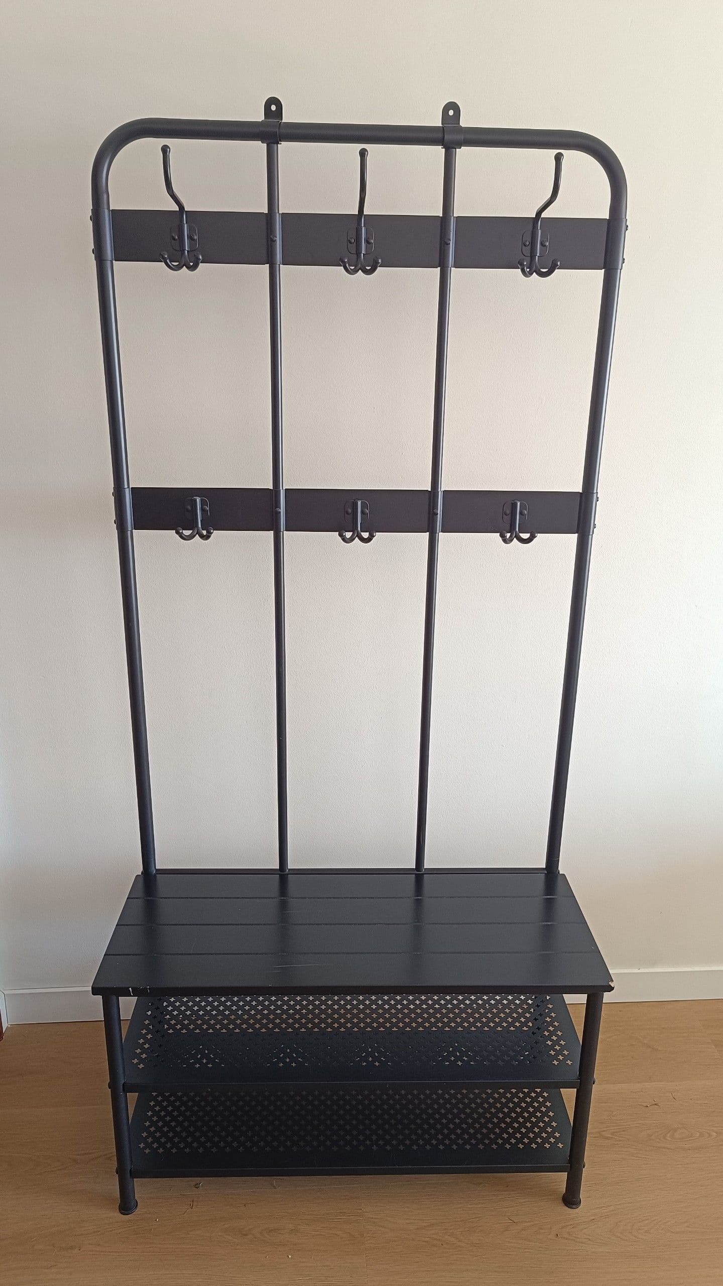 NIPÅSEN coat rack and bench w shoe storage, black, 190x35x79 cm