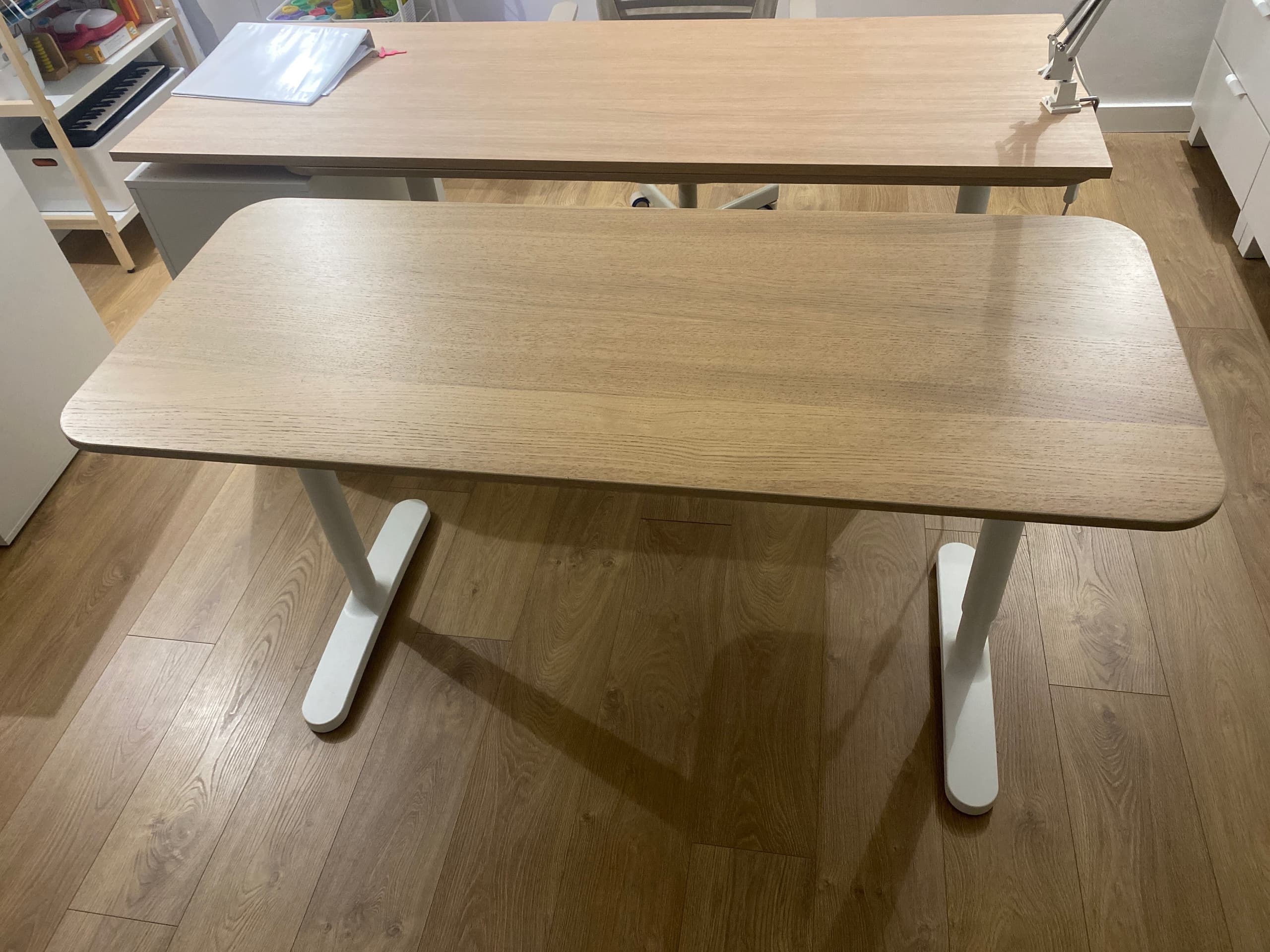BEKANT desk, white stained oak veneer/white