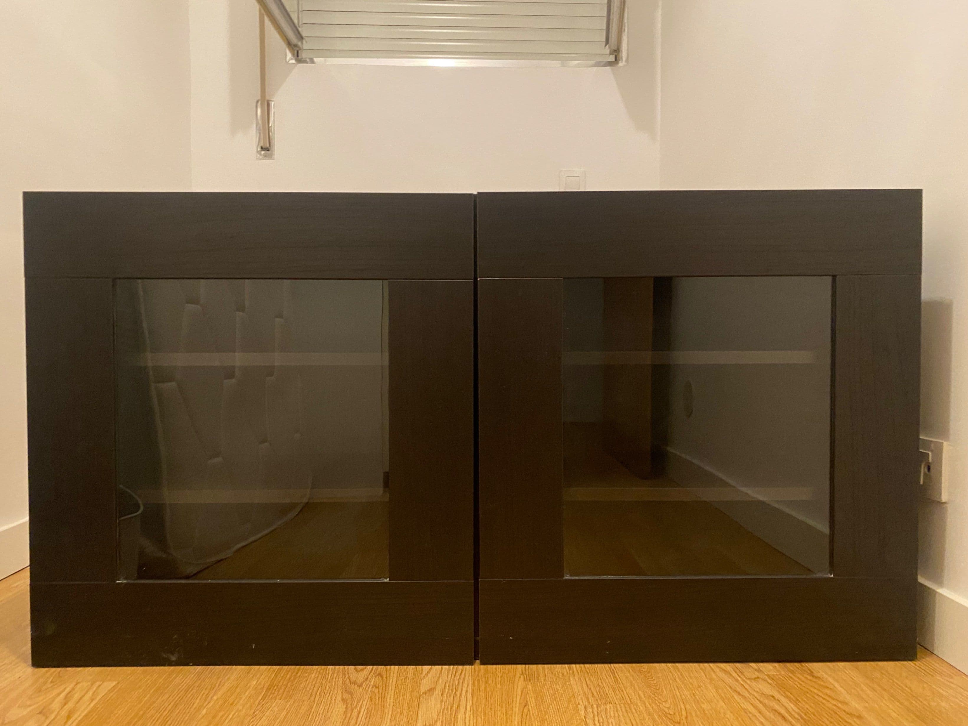 BESTÅ TV storage combination/glass doors, black-brown/Selsviken high-gloss/black clear glass, 180x42x192 cm