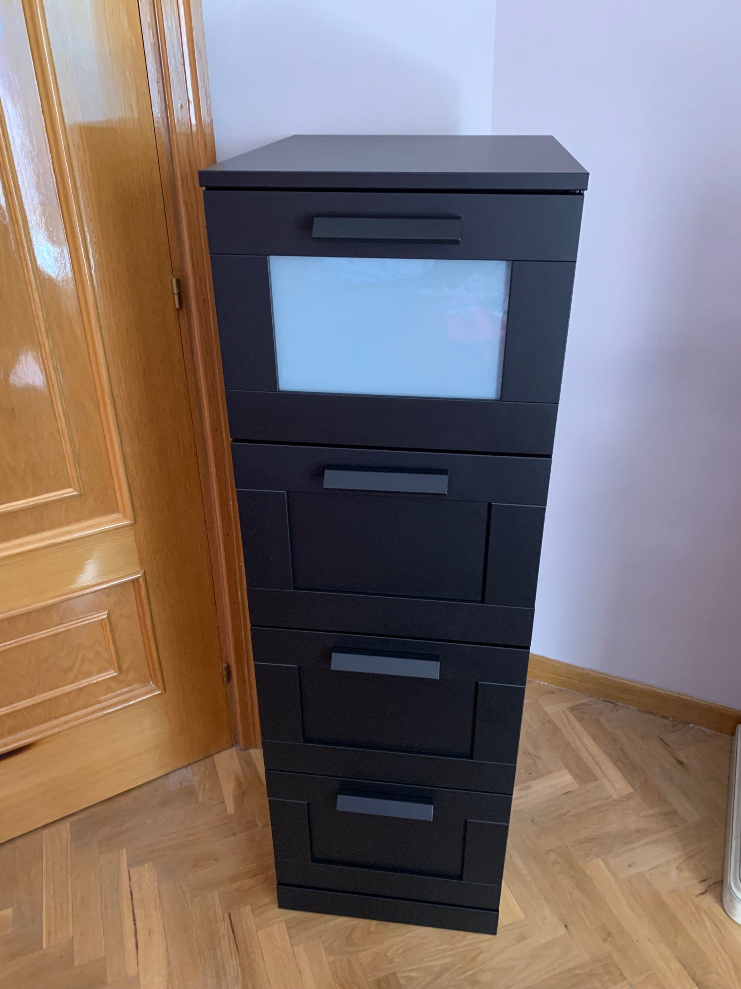 BRIMNES chest of 4 drawers, black/frosted glass, 39x124 cm