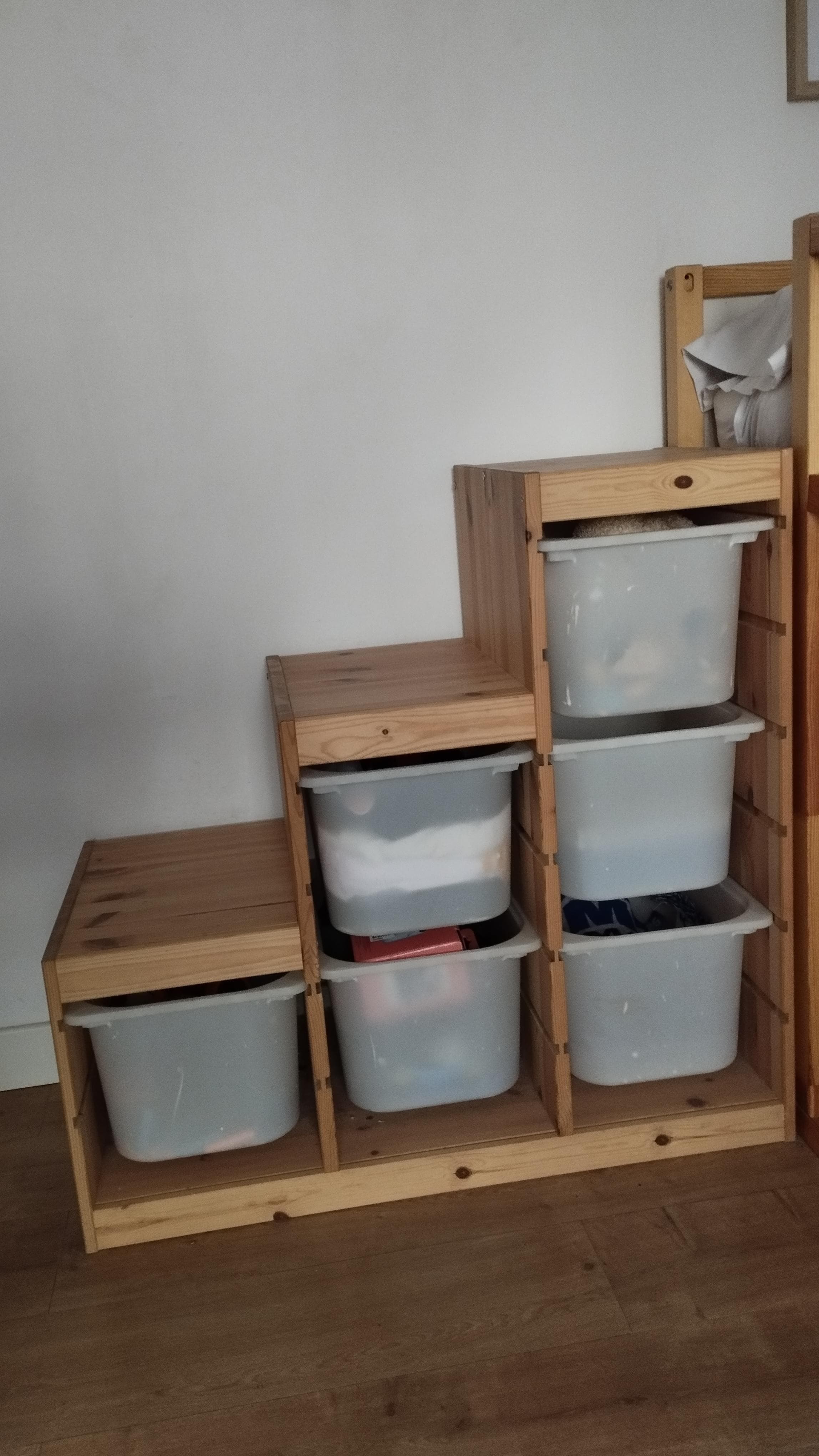 TROFAST storage combination with boxes, light white stained pine/dark grey, 94x44x91 cm