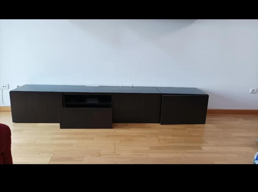 BESTÅ TV bench with doors, black-brown/Selsviken high-gloss/black, 180x42x38 cm