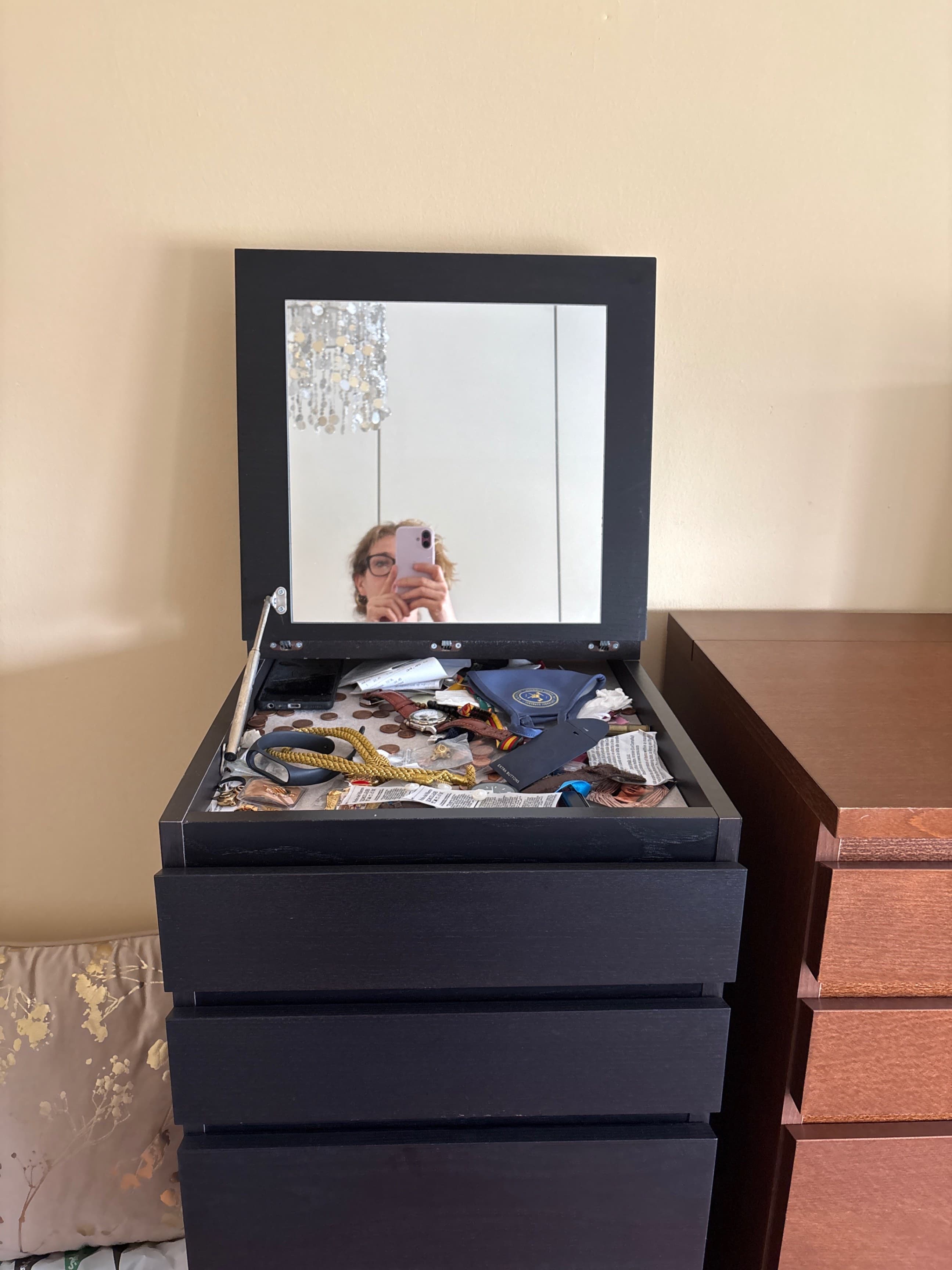 MALM cómoda de 6 caixóns, negro-marrón/espello, 40x123 cm