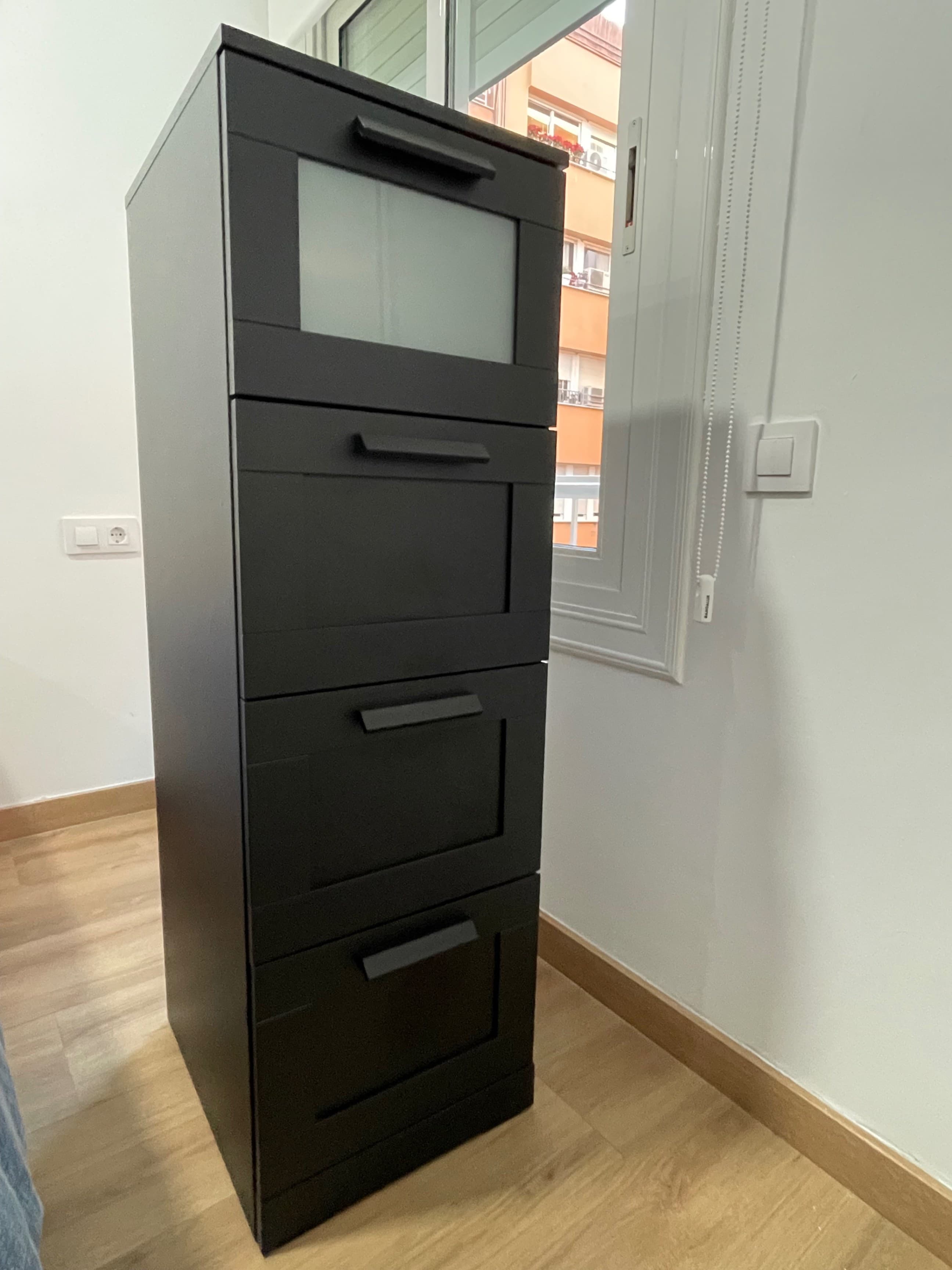 BRIMNES chest of 4 drawers, black/frosted glass, 39x124 cm