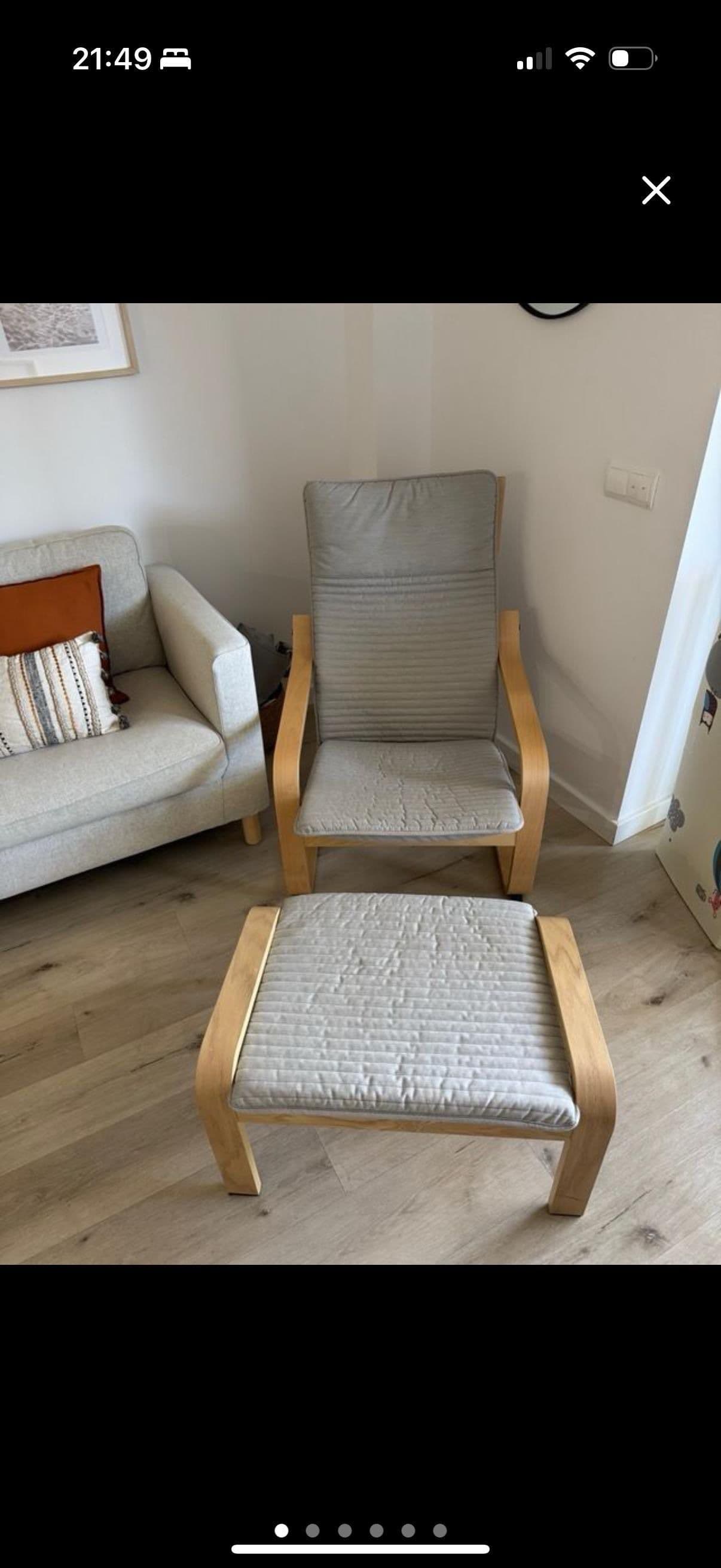 POÄNG armchair and footstool, white stained oak veneer/Knisa light beige