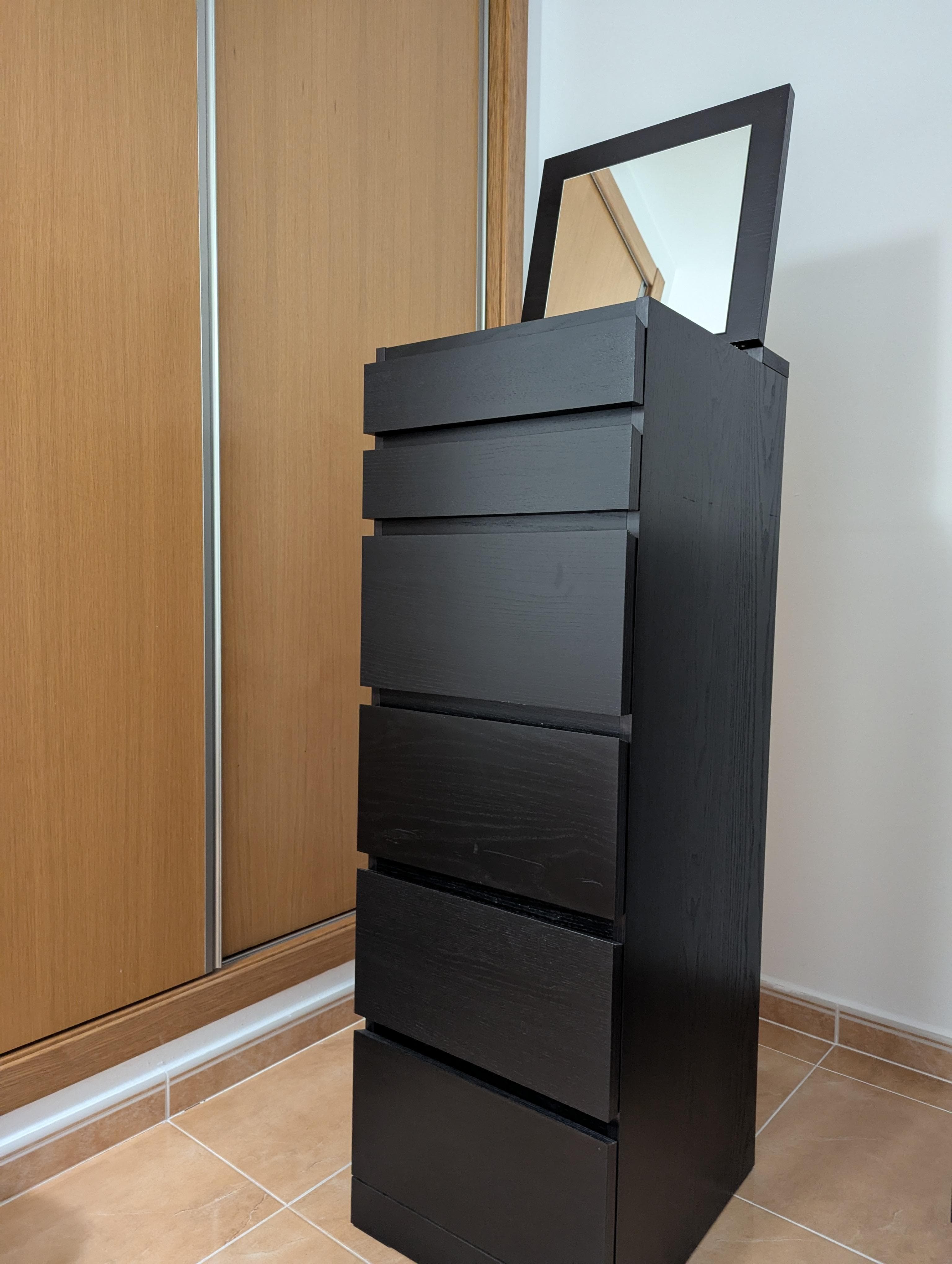 MALM cómoda de 6 cajones, negro-marrón/espejo, 40x123 cm