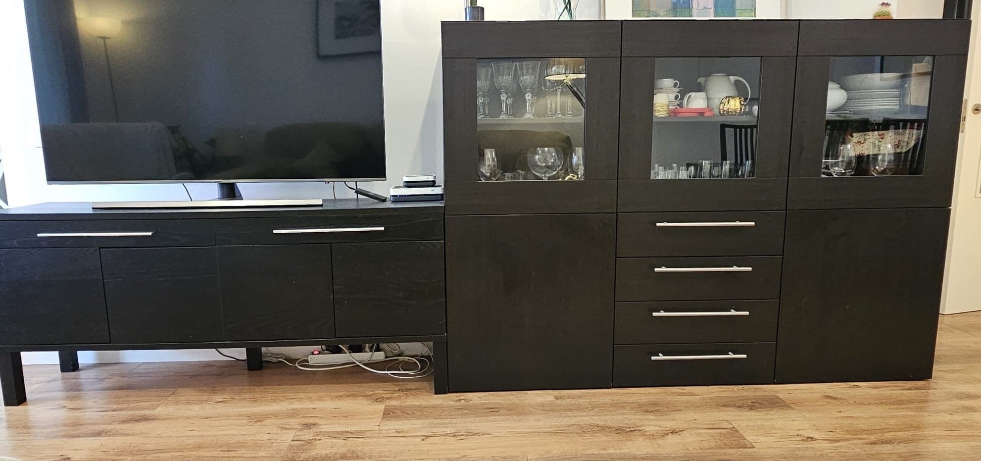 BESTÅ storage combination with drawers, black-brown Hedeviken/Stubbarp/dark brown stained oak veneer, 180x42x74 cm