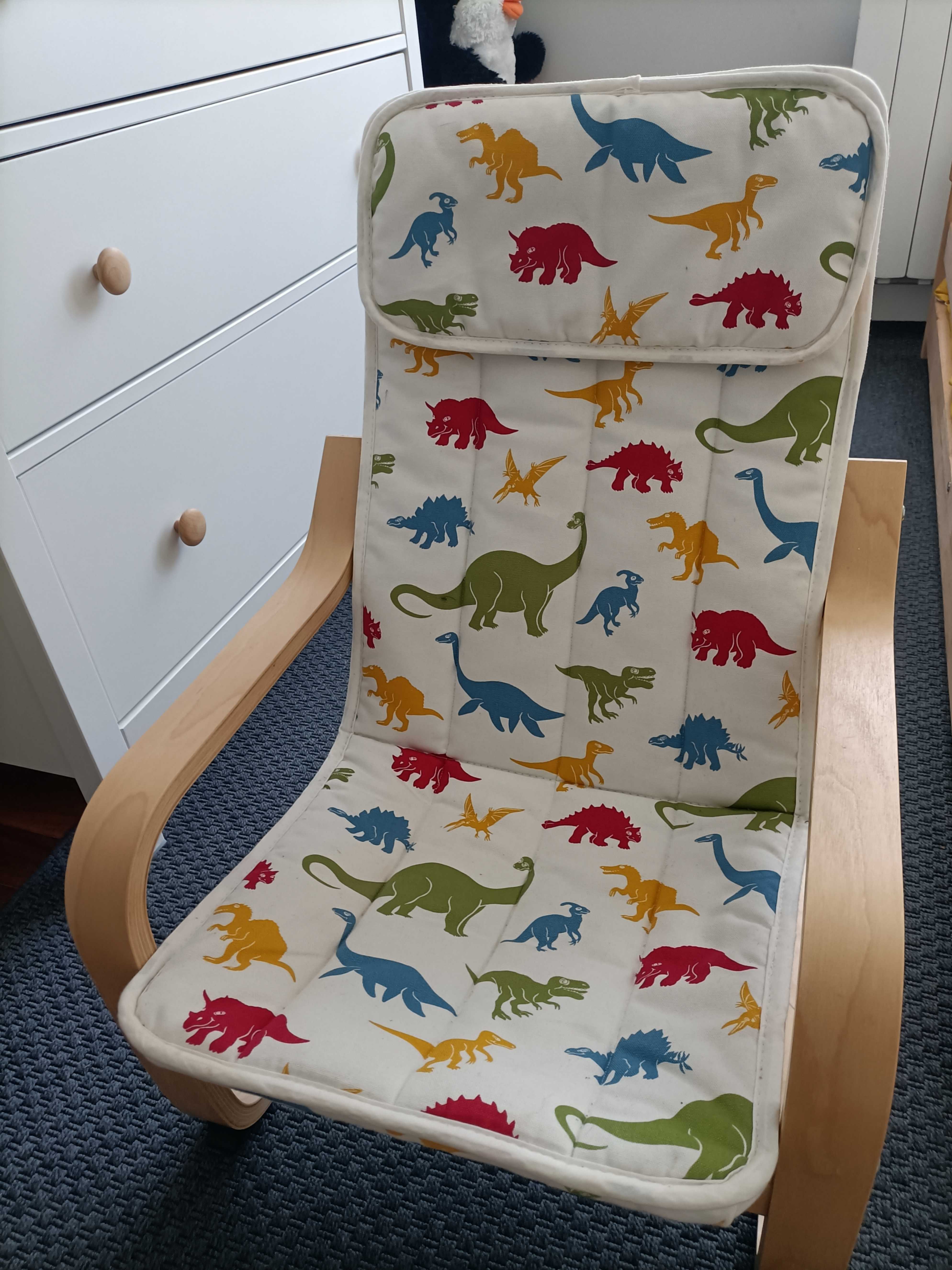 POÄNG cadeira de brazos para nenos, chapa bidueiro/Medskog motivo dinosauro