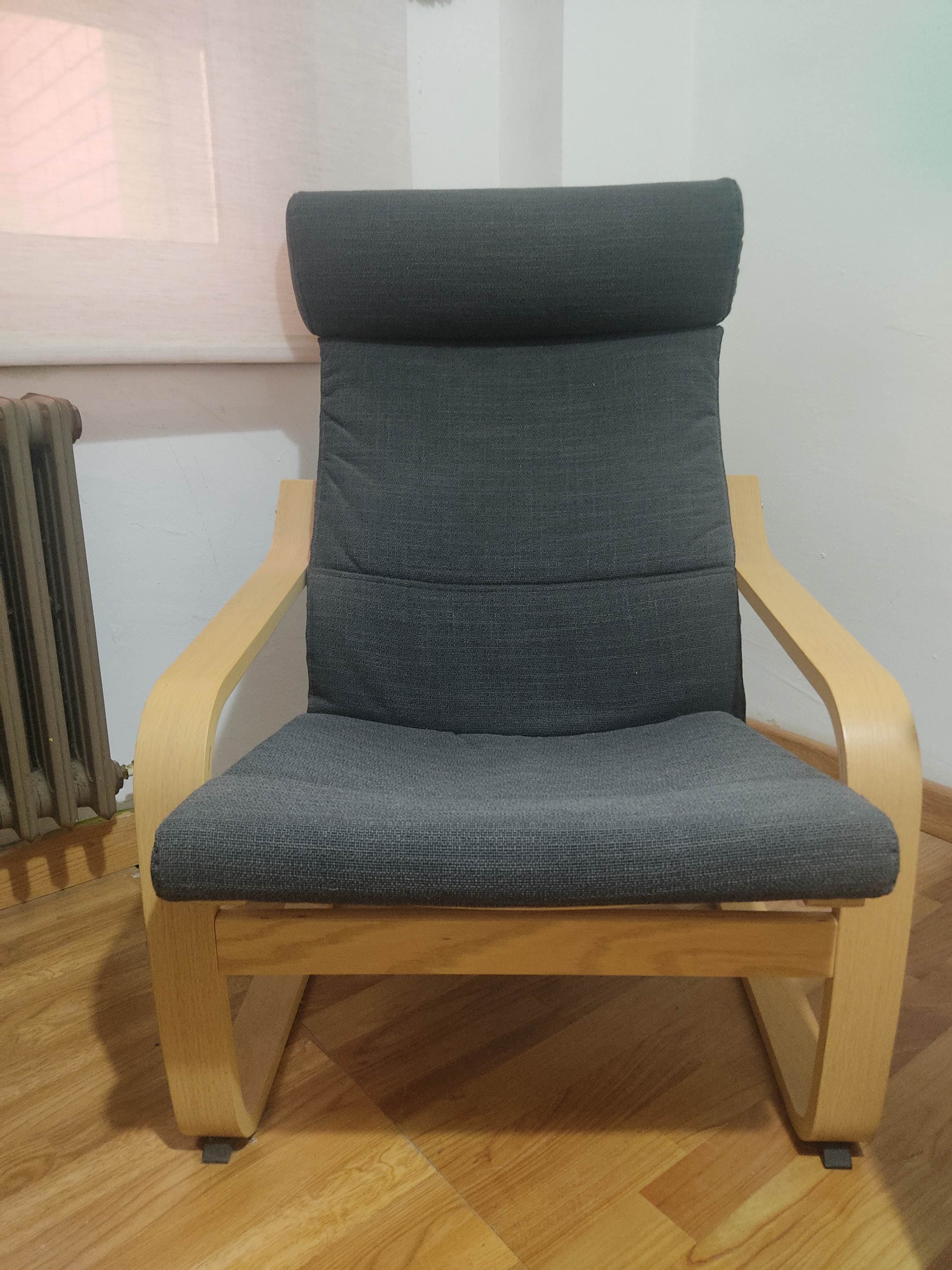 POÄNG sillón y reposapiés, chapa abedul/Skiftebo gris oscuro