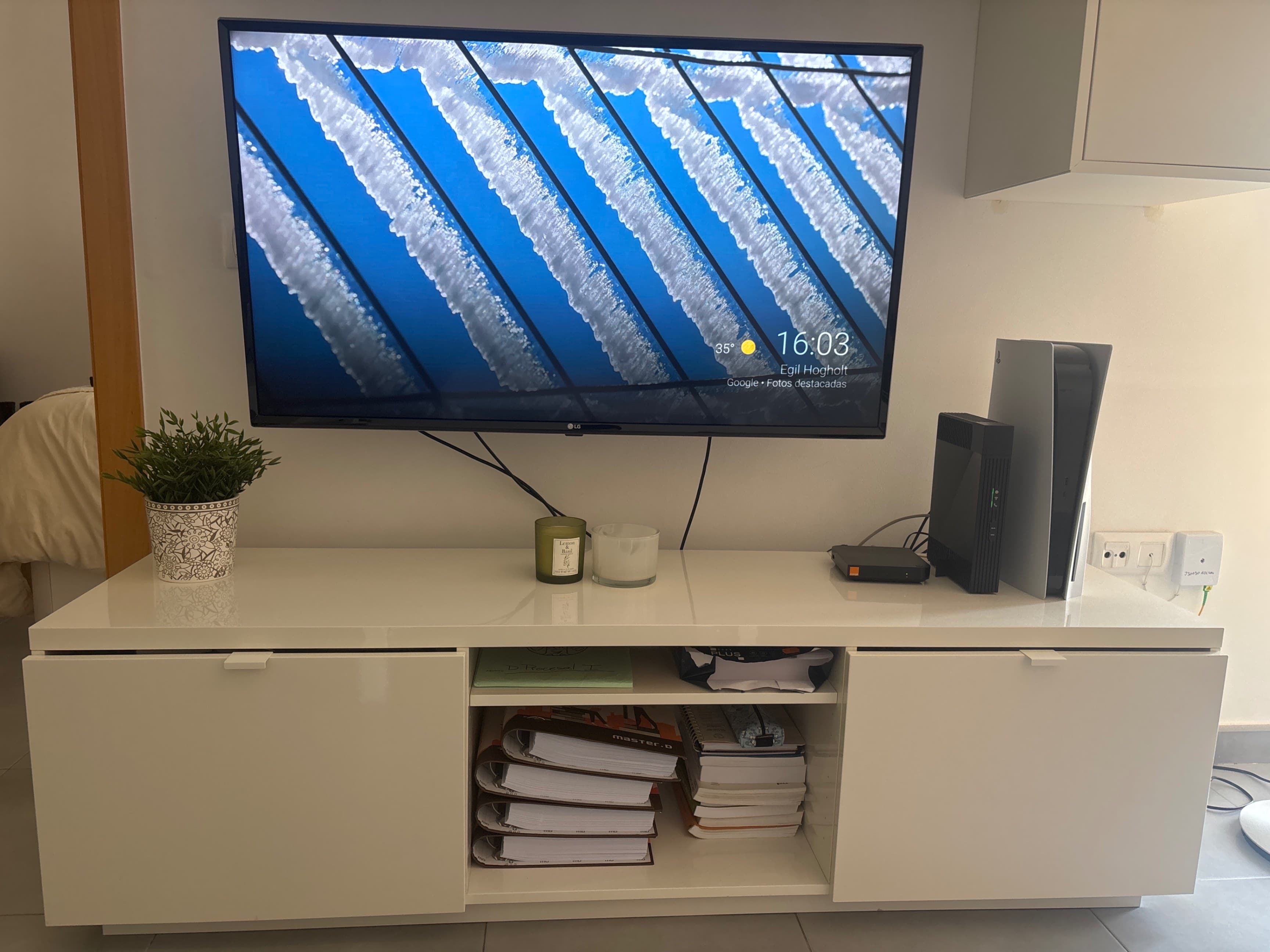 BYÅS Mueble TV, alto brillo blanco, 160x42x45 cm