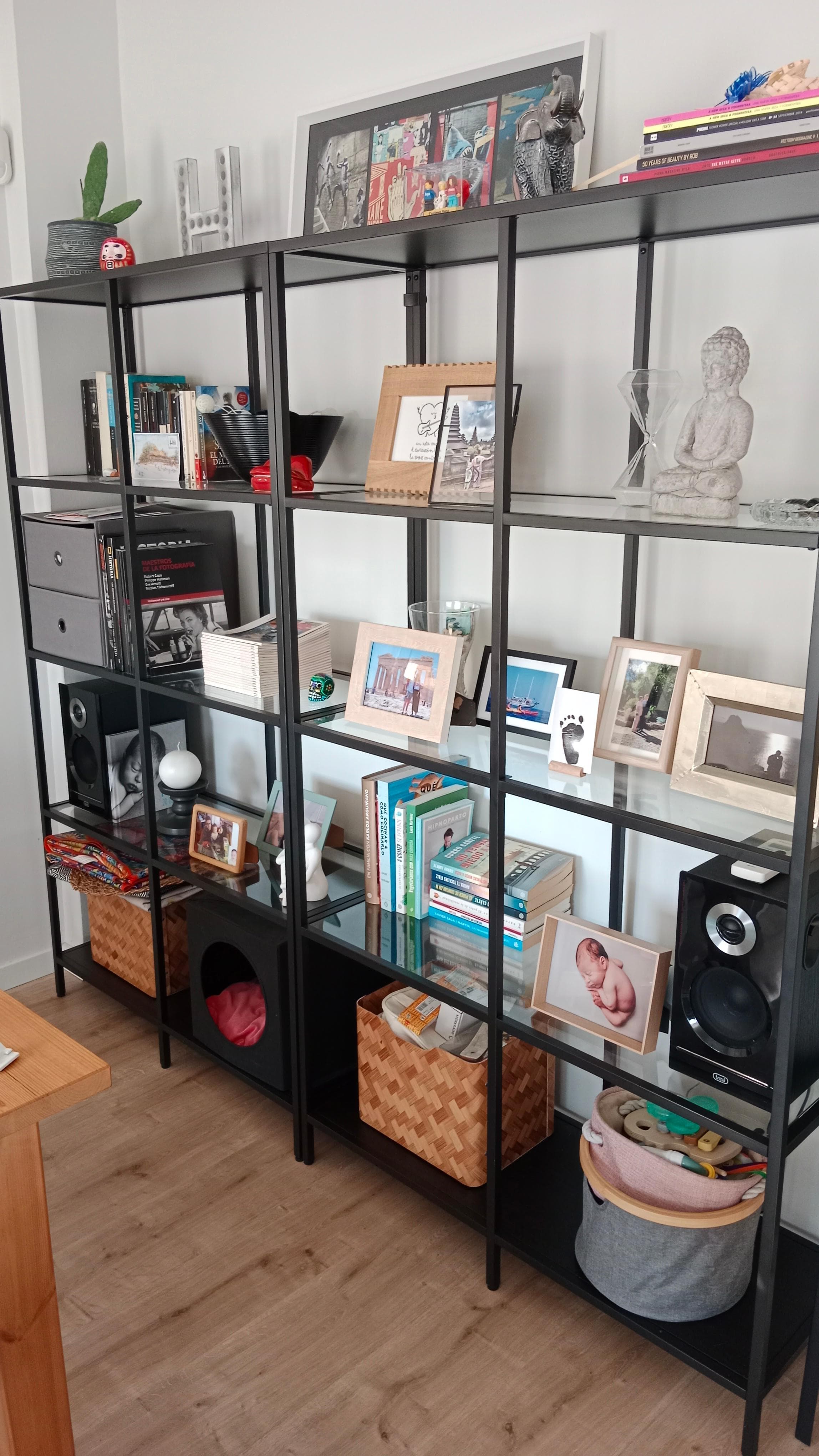 VITTSJÖ shelving unit, black-brown/glass, 100x175 cm