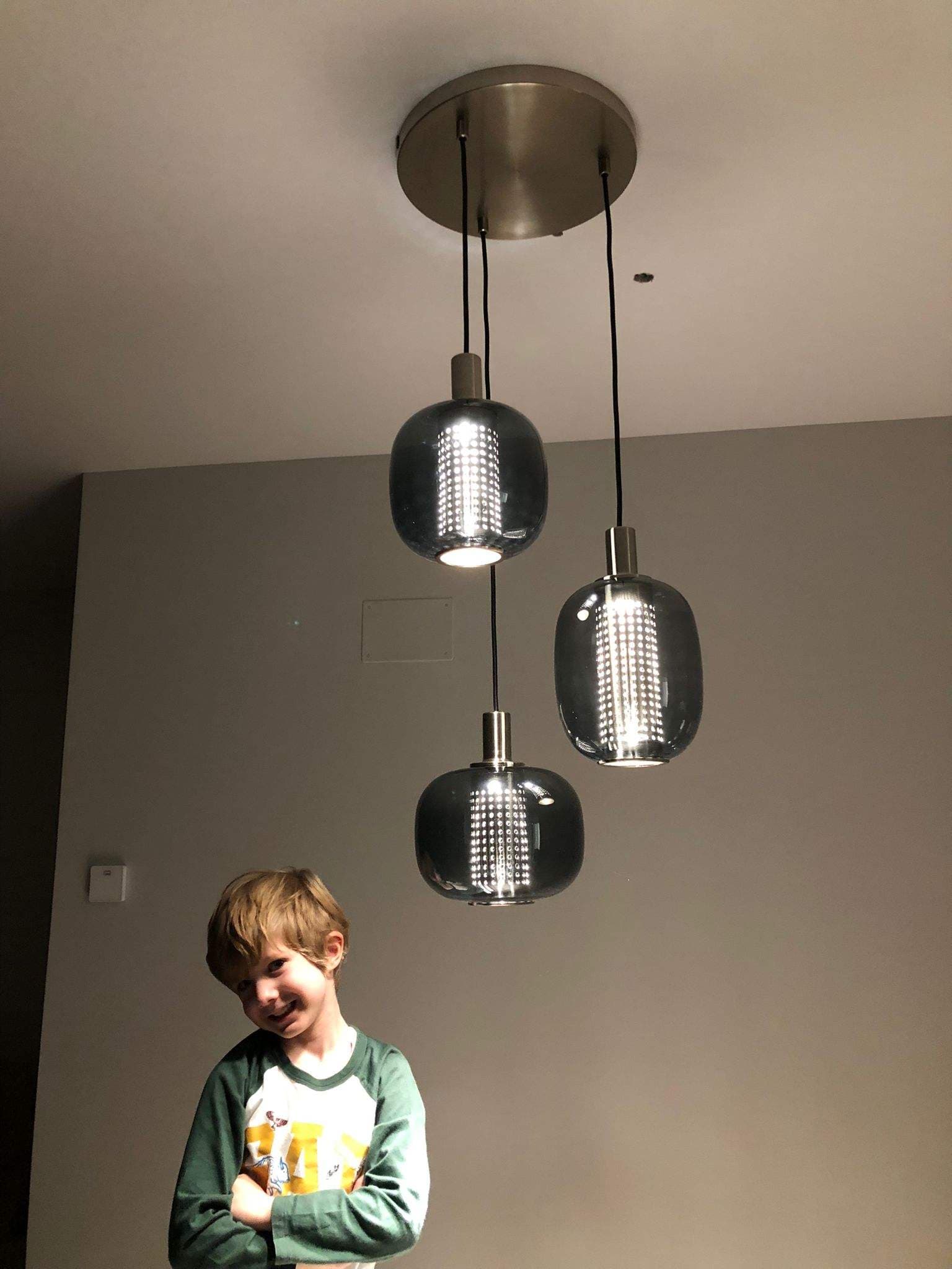 HÖGVIND pendant lamp with 3 lamps, nickel-plated/grey glass, 41 cm