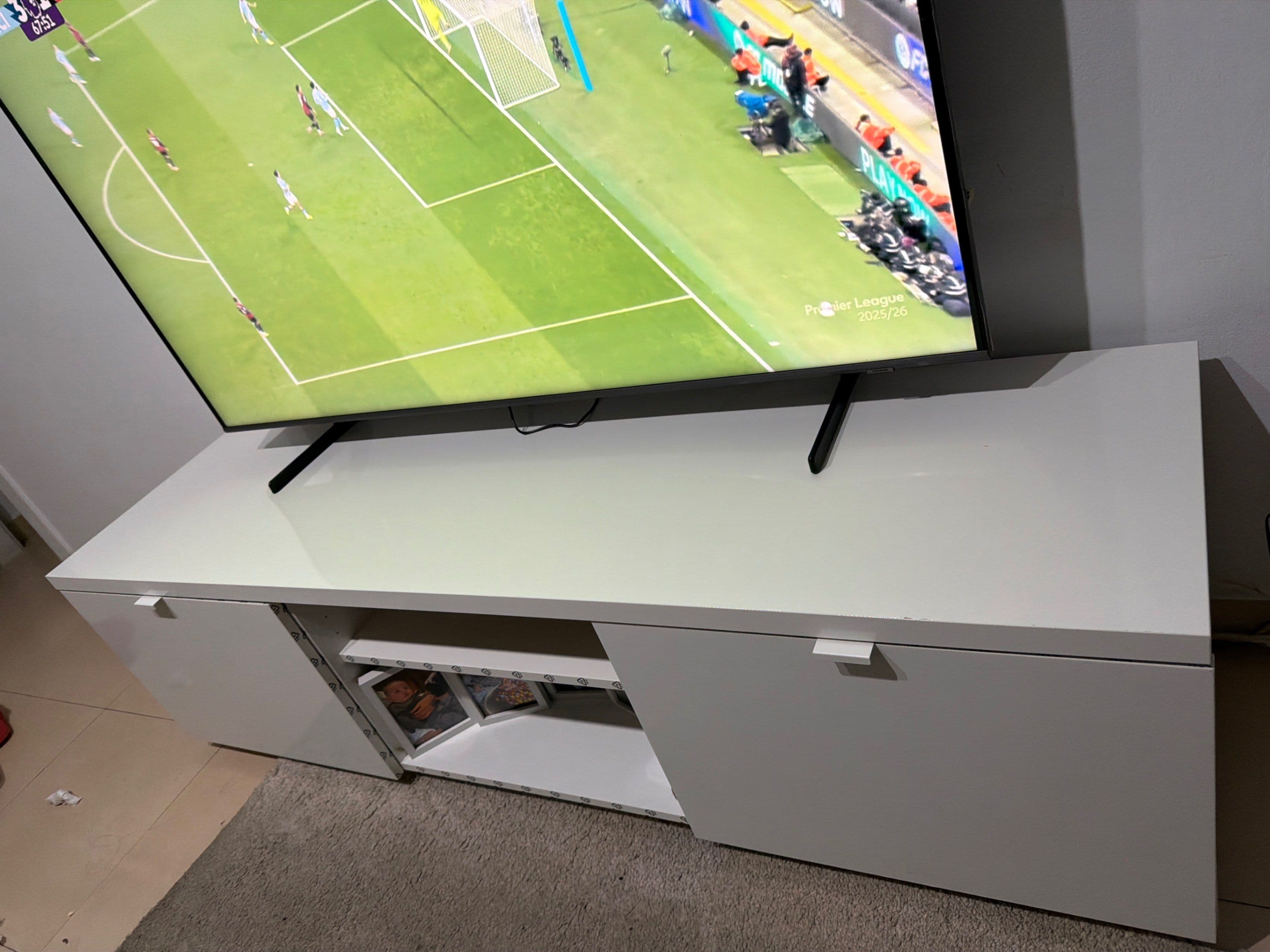 BYÅS Mueble TV, alto brillo blanco, 160x42x45 cm