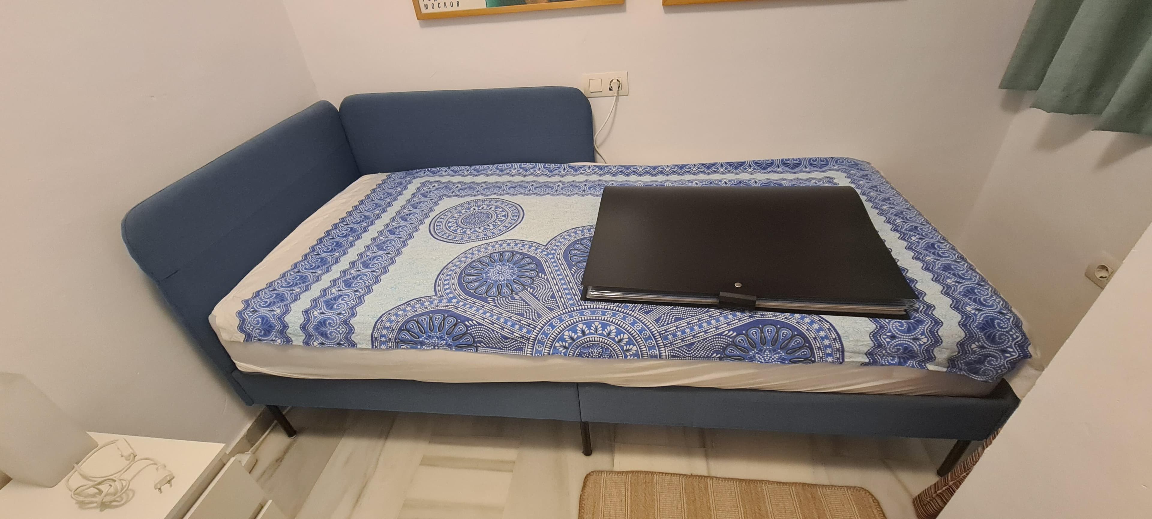 BLÅKULLEN uph bed frame with corner headboard, Knisa medium blue, 90x200 cm