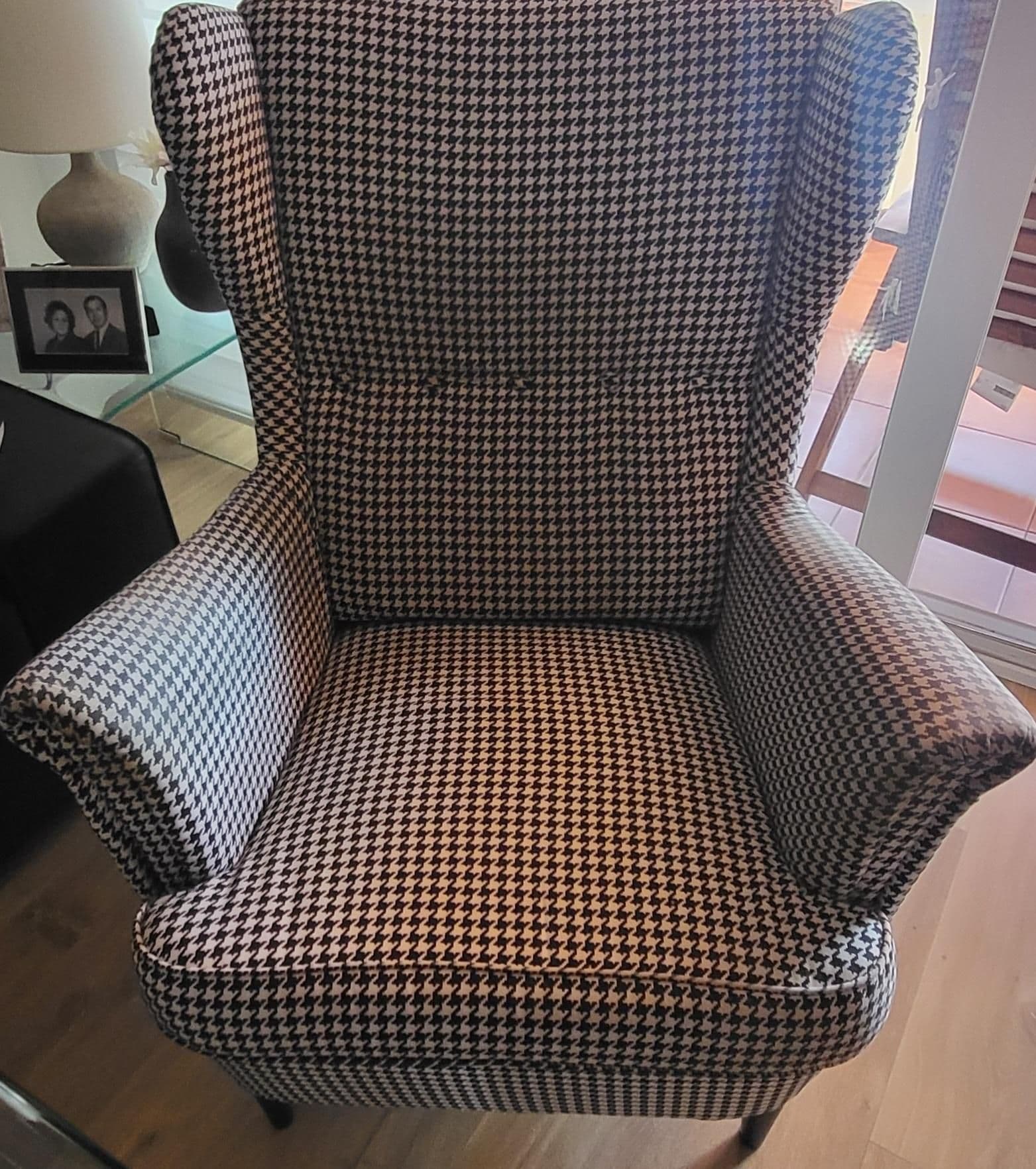 STRANDMON wing chair, Vibberbo black/beige