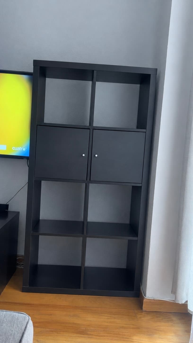 KALLAX shelving unit with doors, black-brown, 77x147 cm