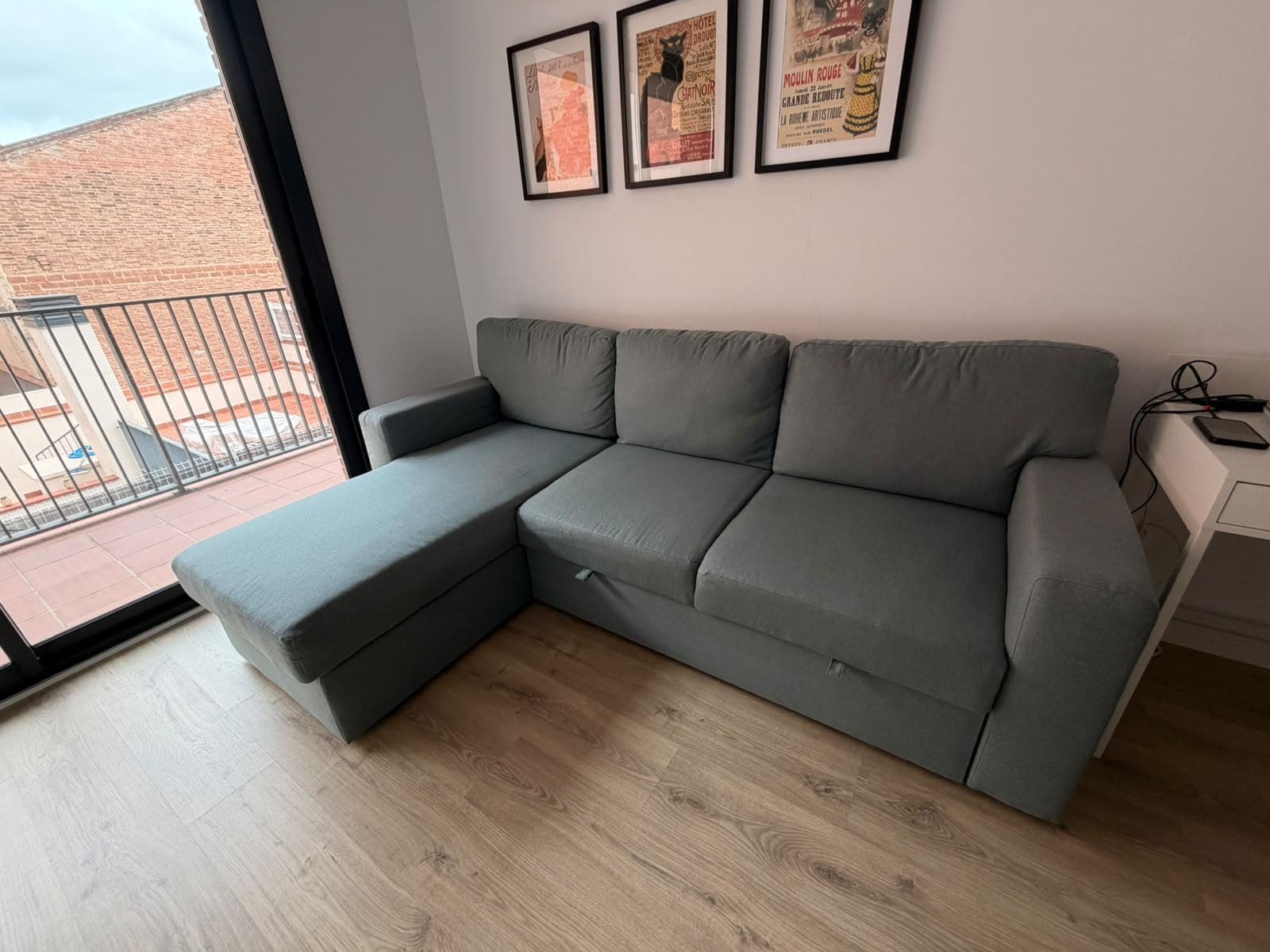 BÅRSLÖV sofà llit 3 places+chaise longue, Tibbleby gris clar - turquesa