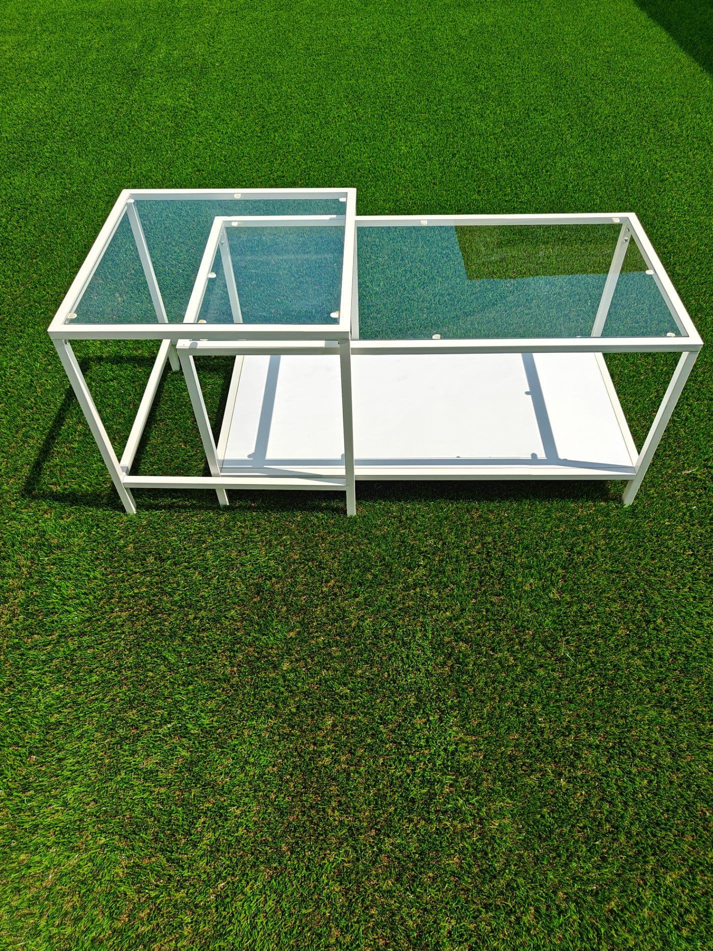 VITTSJÖ nest of tables, set of 2, light beige/glass, 90x50 cm