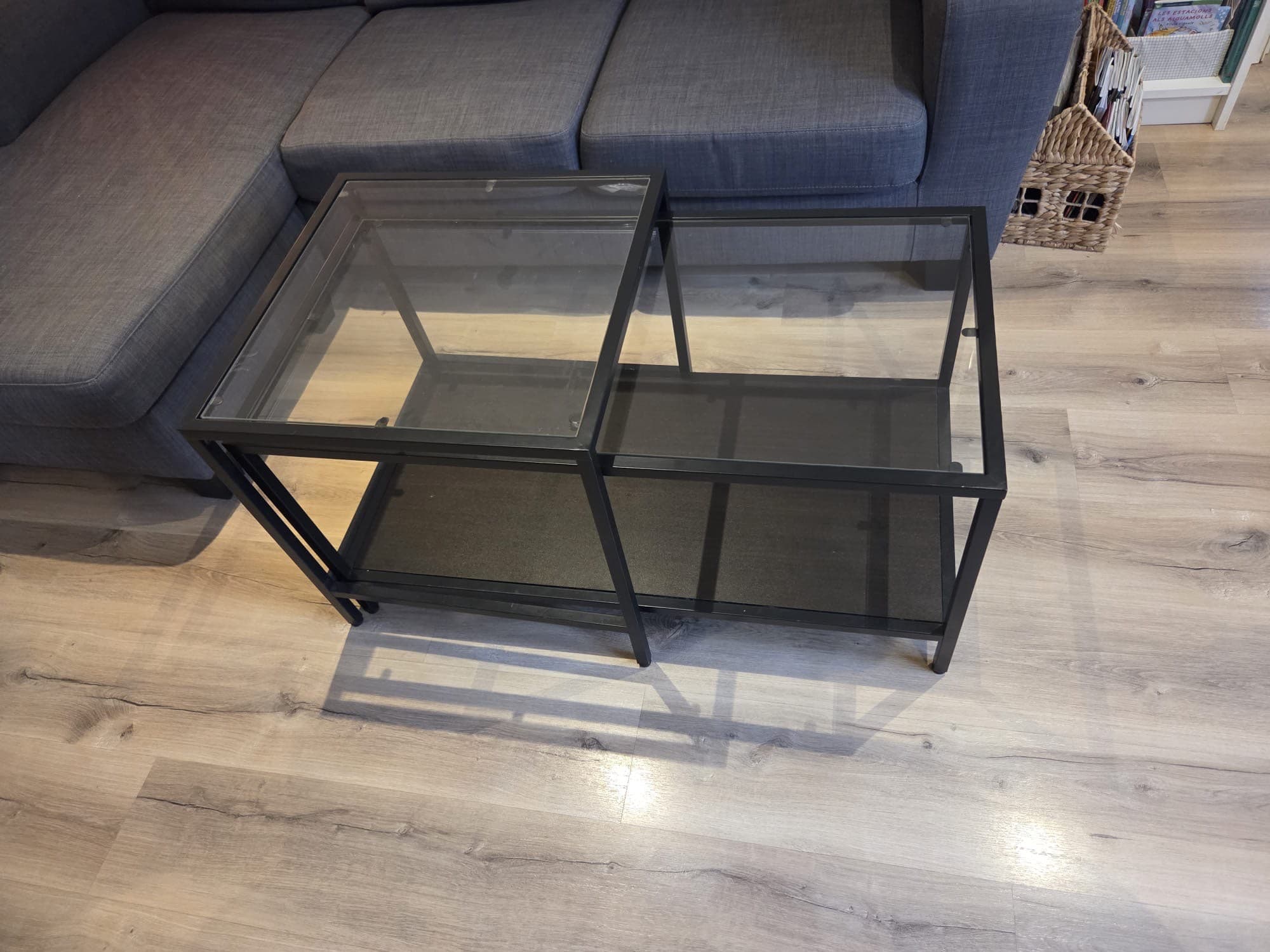 VITTSJÖ nest of tables, set of 2, black-brown/glass, 90x50 cm