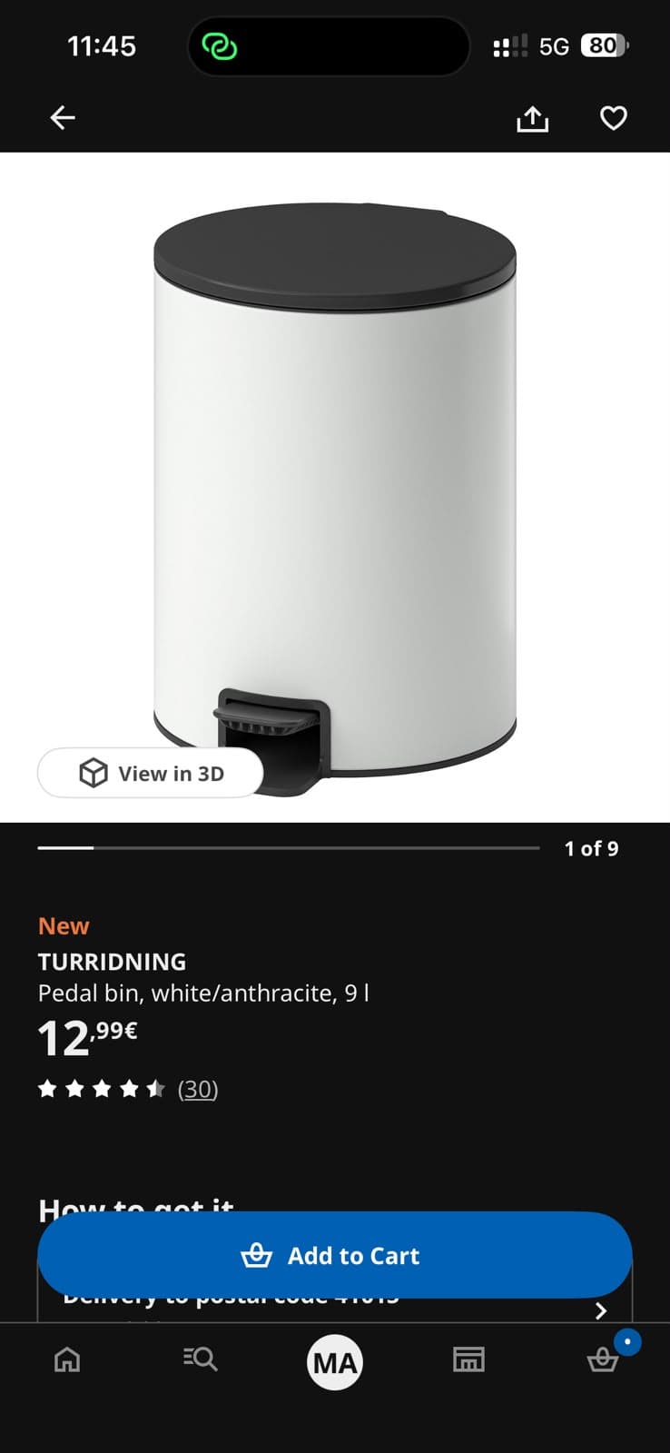 TURRIDNING caldeiro do lixo pedal, branco/antracita, 9 l