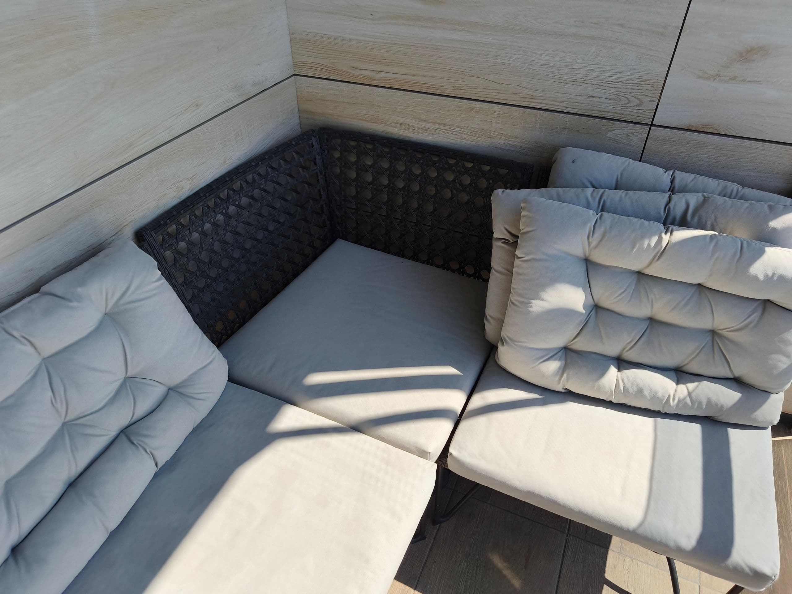 JUTHOLMEN sofá 3 esquina modular exter, gris oscuro/Kuddarna beige grisáceo