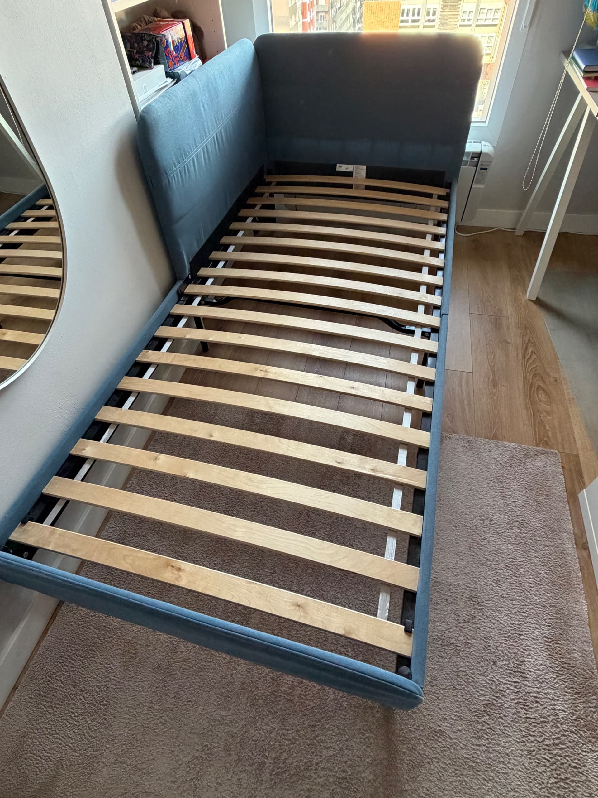 BLÅKULLEN estrut cama tapizada cabeceiro esq, Knisa azul, 90x200 cm