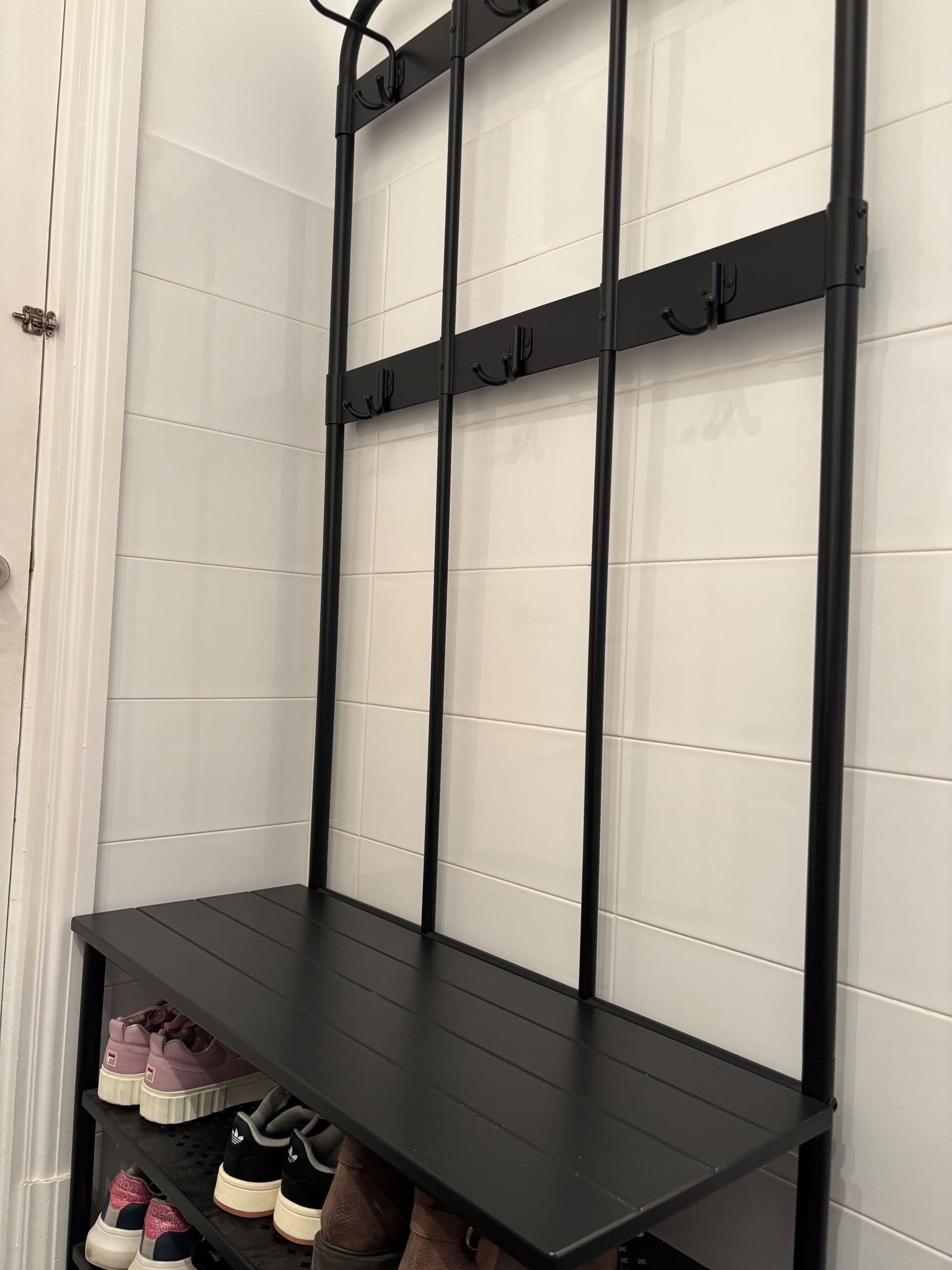 NIPÅSEN coat rack and bench w shoe storage, black, 190x35x79 cm