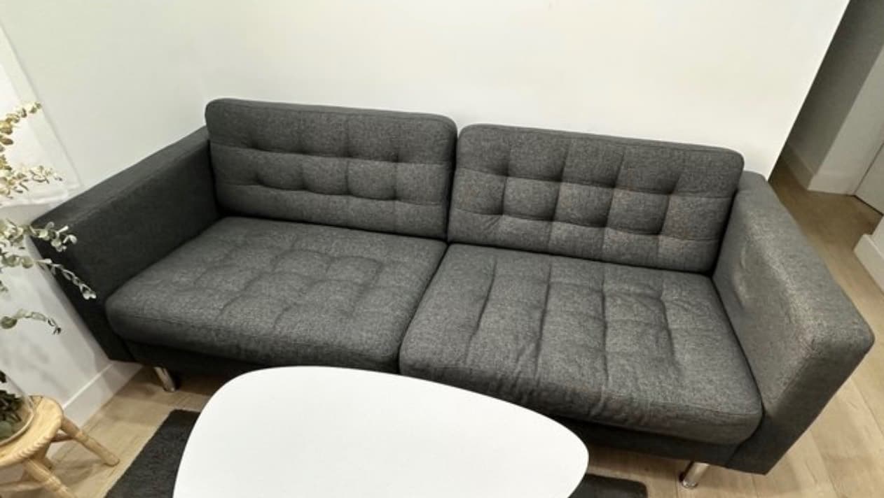 LANDSKRONA sofá de 3 plazas, Gunnared gris oscuro/madera