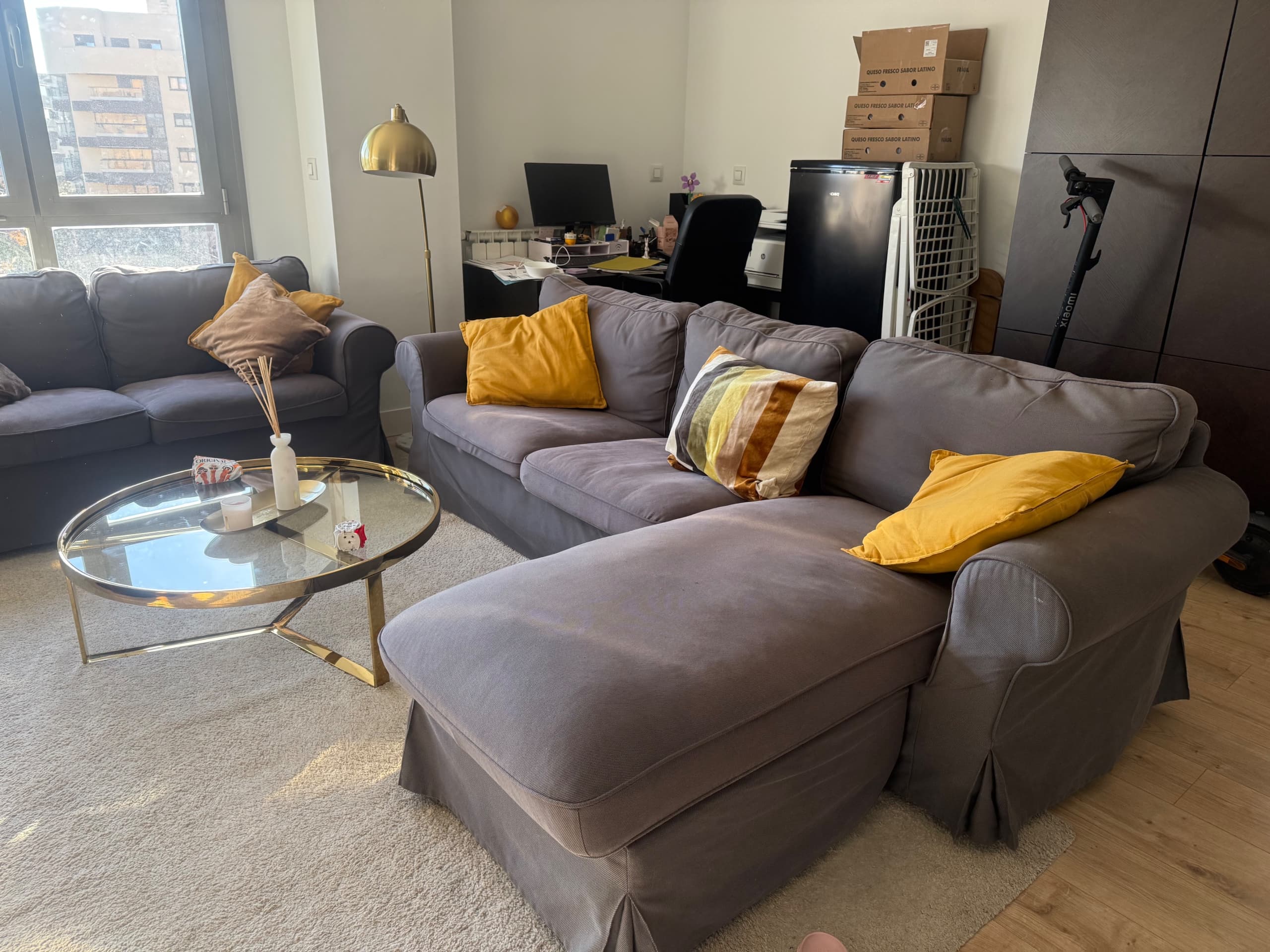 EKTORP 3-seat sofa with chaise longue, Hakebo dark grey