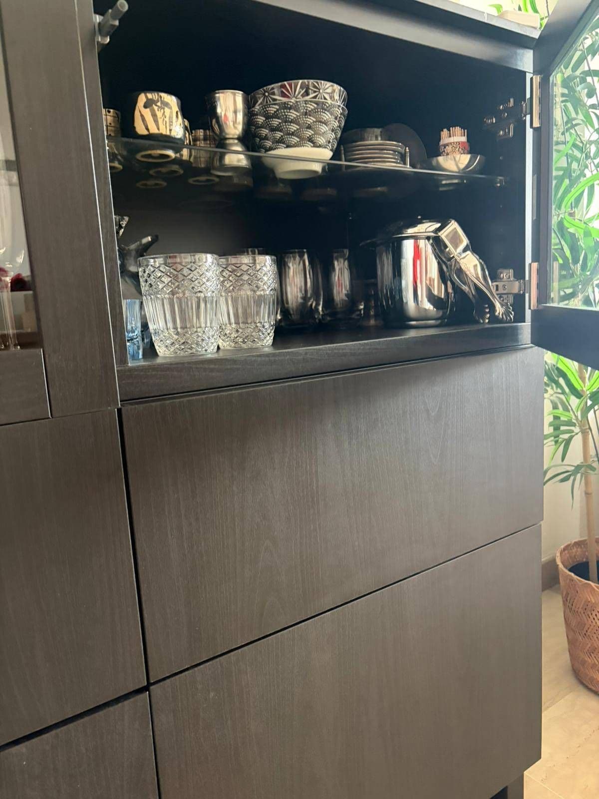 BESTÅ storage combination with doors, black-brown Lappviken/Sindvik black-brown clear glass, 180x42x112 cm
