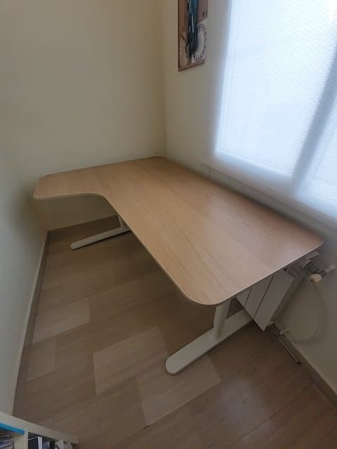BEKANT corner desk left, white stained oak veneer/white