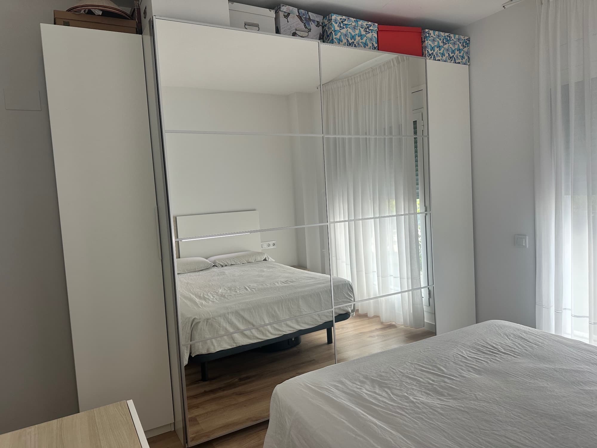 PAX / MEHAMN wardrobe combination, white/double sided white stained oak effect, 150x43x236 cm