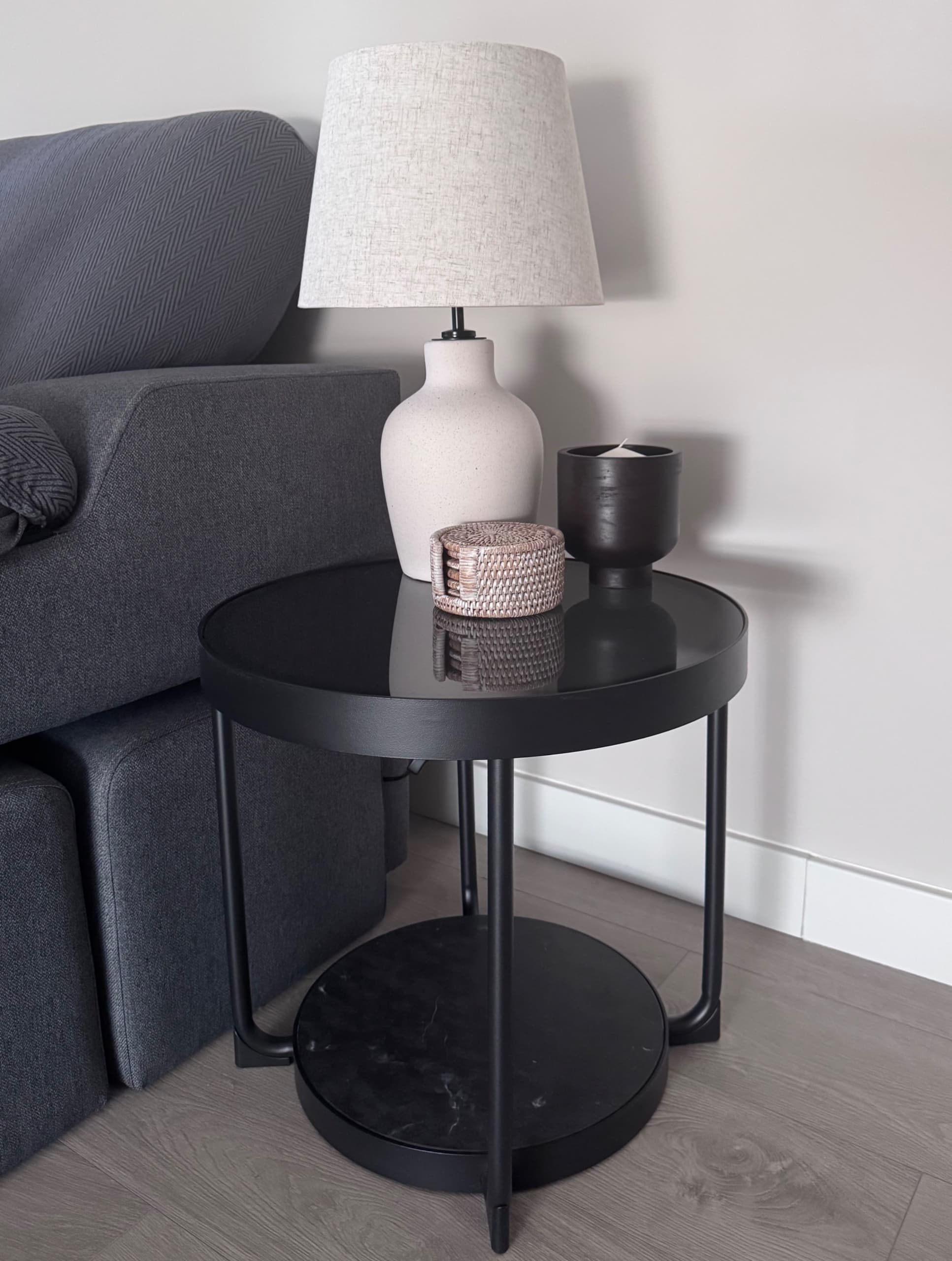 MESA FRÖTORP NEGRA side table, anthracite marble effect/black glass, 48 cm