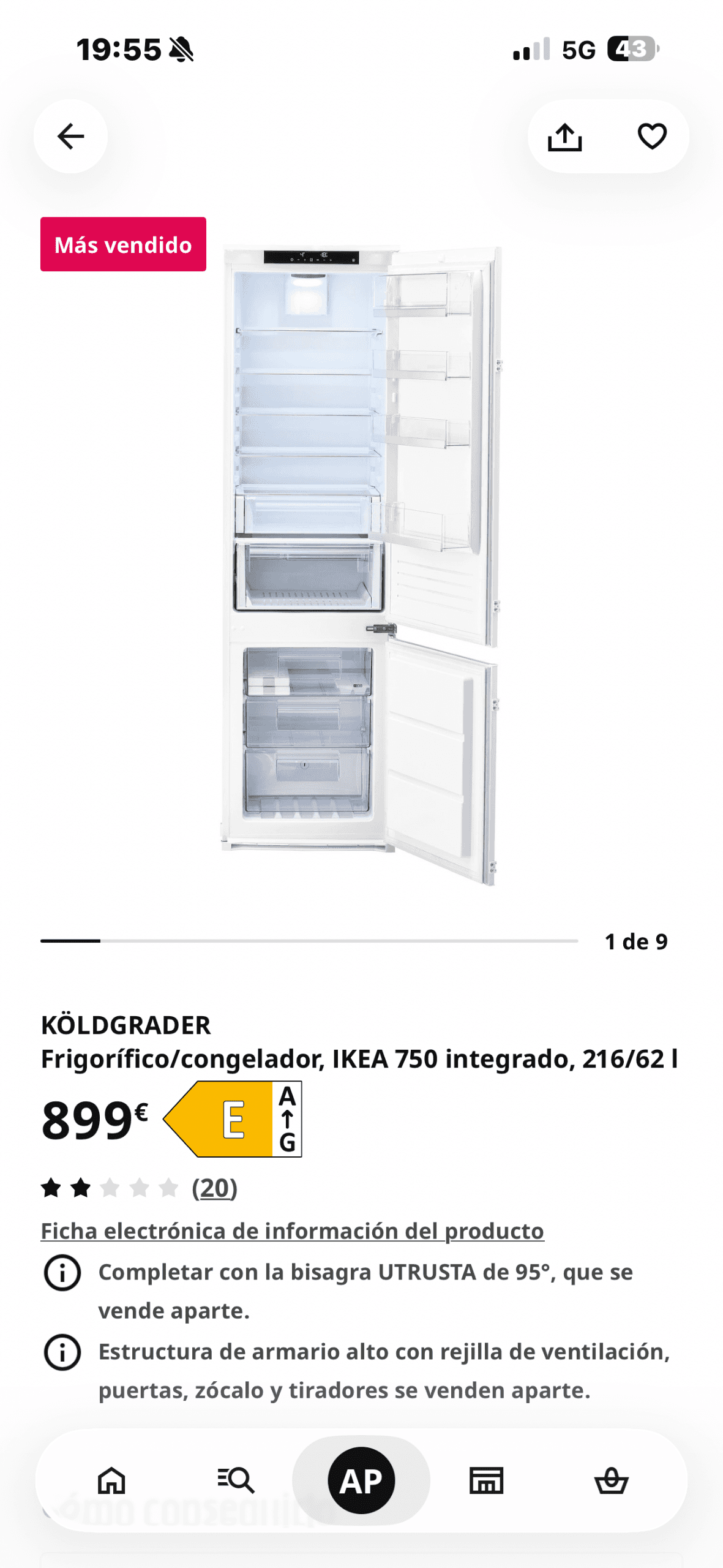 NEVERA PANELABLE hozkailua/izozkailua, IKEA 500 integratua, 210/79 l