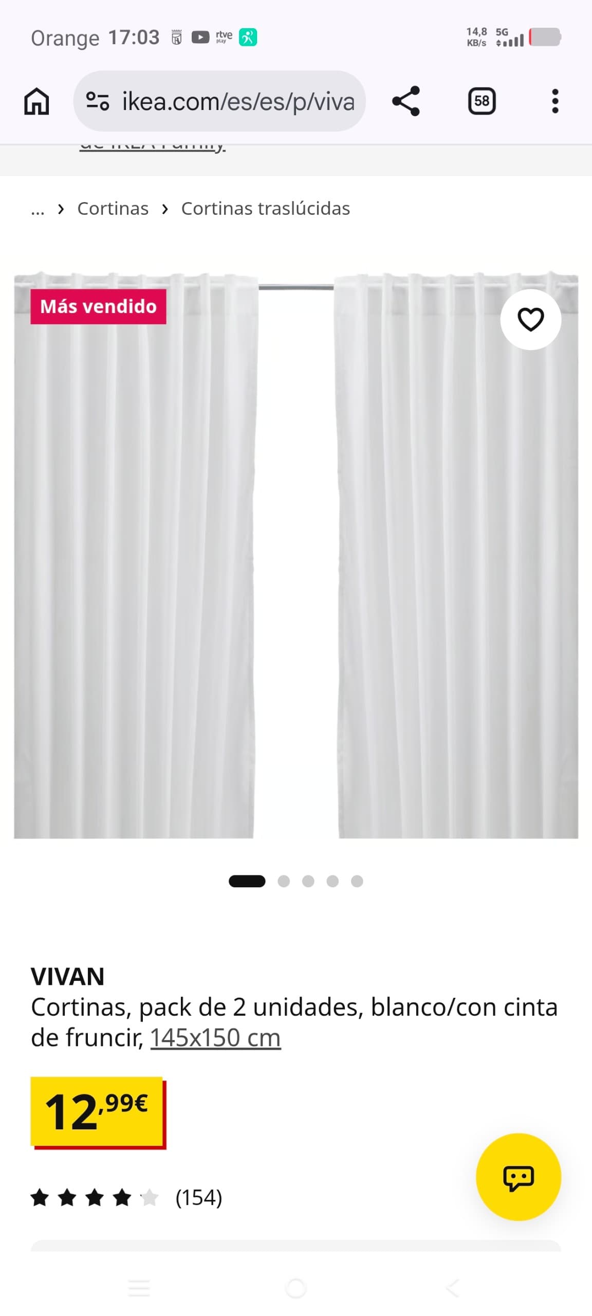 VIVAN cortinas, pack de 2 unidades, blanco/con cinta de fruncir, 145x150 cm