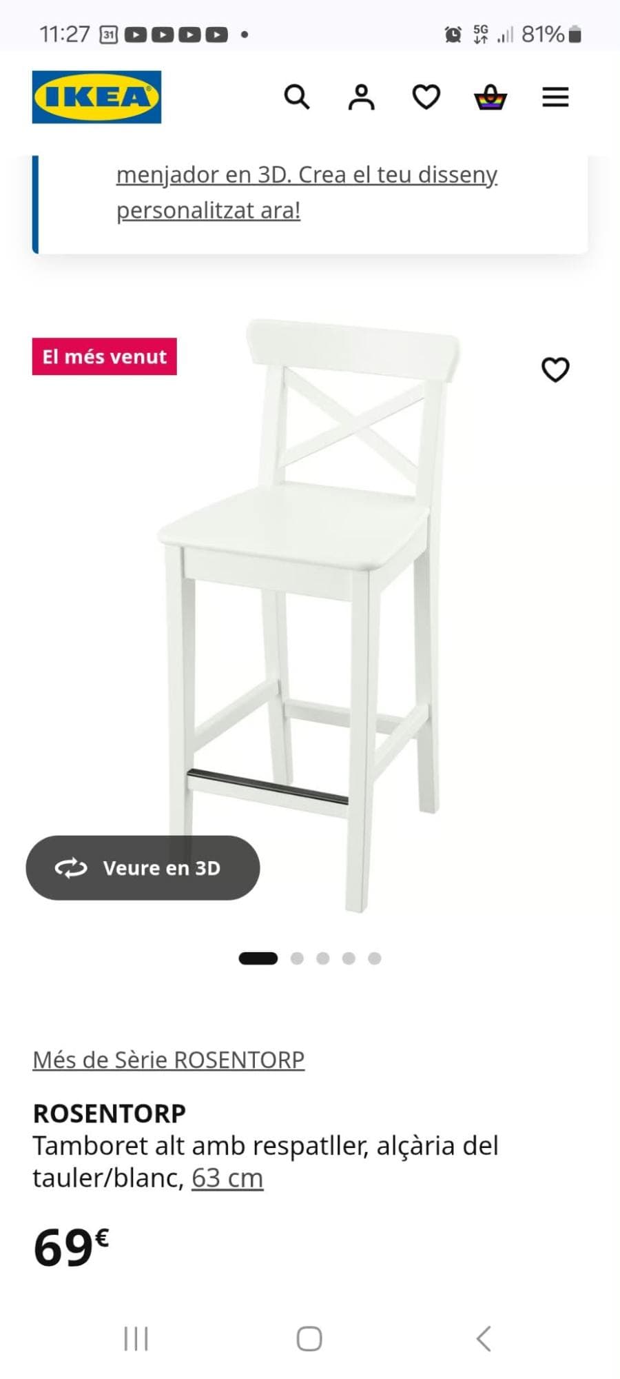 ROSENTORP tallo alto, altura de mesado/branco, 63 cm