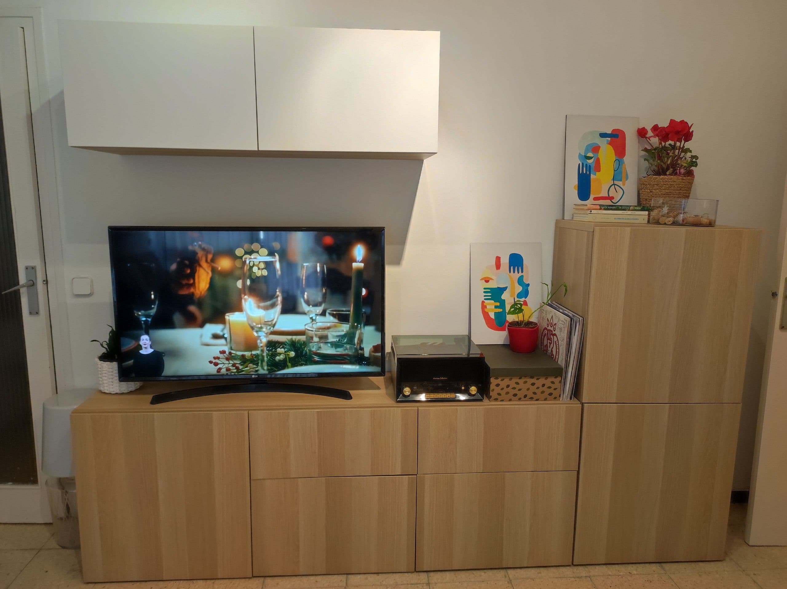 BESTÅ TV storage combination/glass doors, white stained oak veneer Lappviken/Sindvik white, 360x42x240 cm