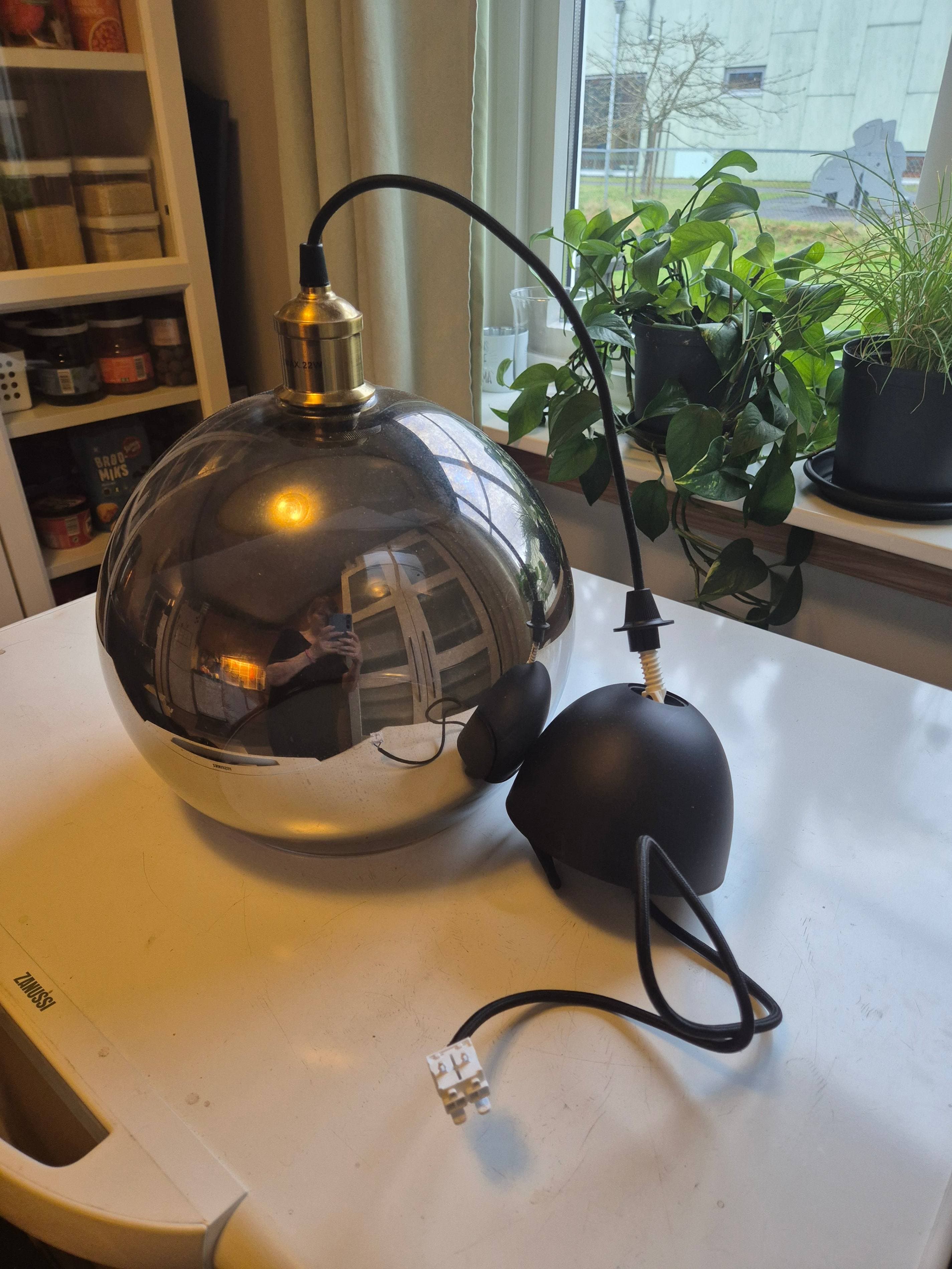 JAKOBSBYN / JÄLLBY pendant lamp, smoked glass/brass-plated